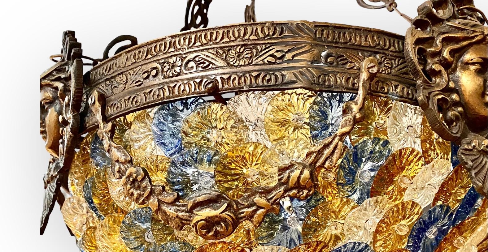 Vintage Murano Glass Flowers and Bronze Chandelier For Sale 6
