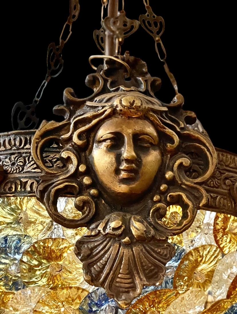 Vintage Murano Glass Flowers and Bronze Chandelier For Sale 7