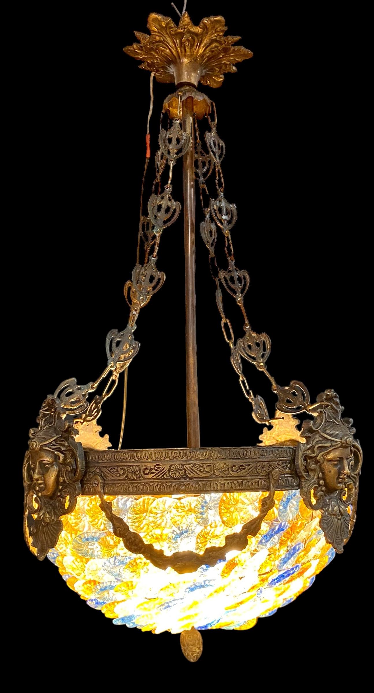 Empire Revival Vintage Murano Glass Flowers and Bronze Chandelier For Sale