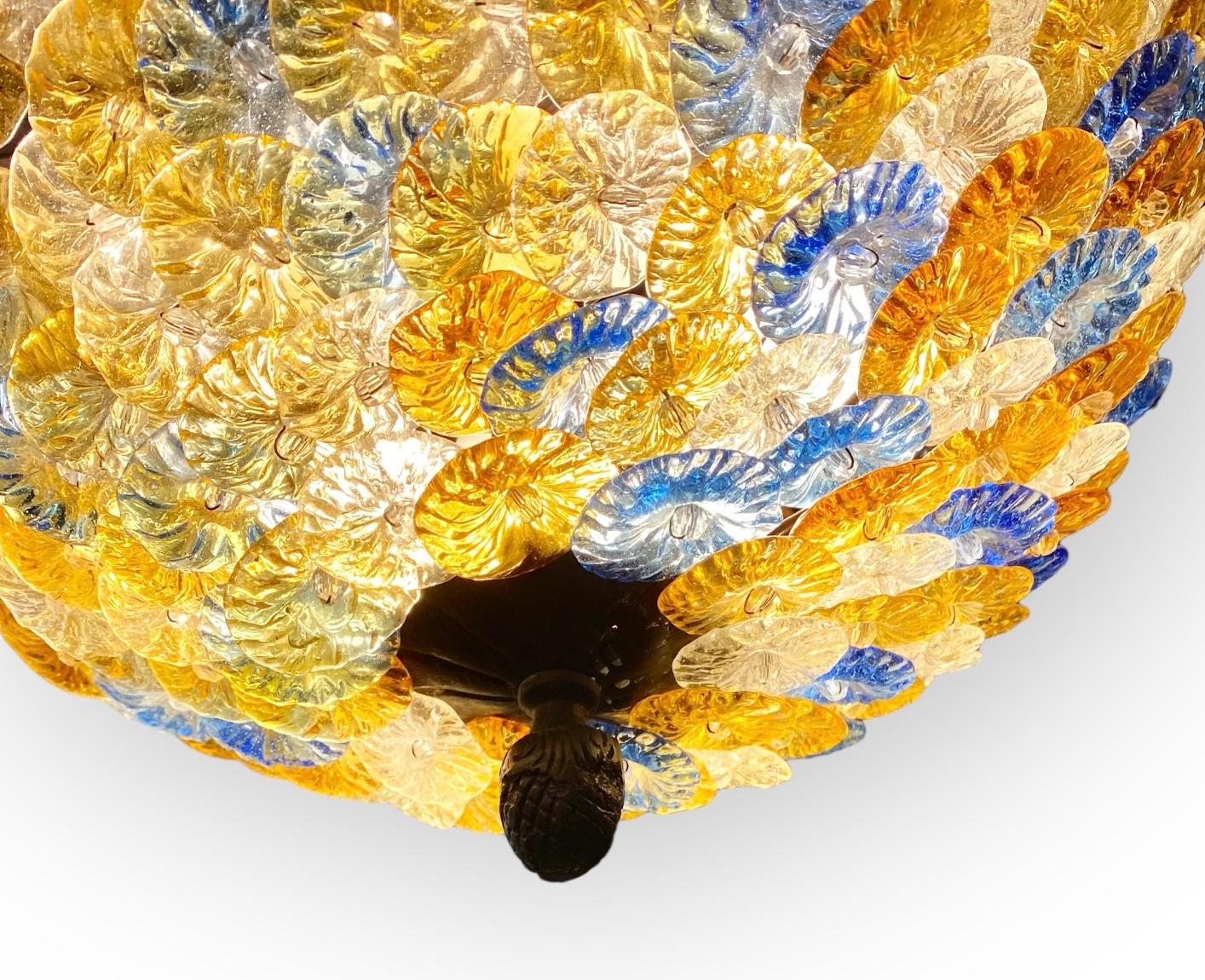 Italian Vintage Murano Glass Flowers and Bronze Chandelier For Sale
