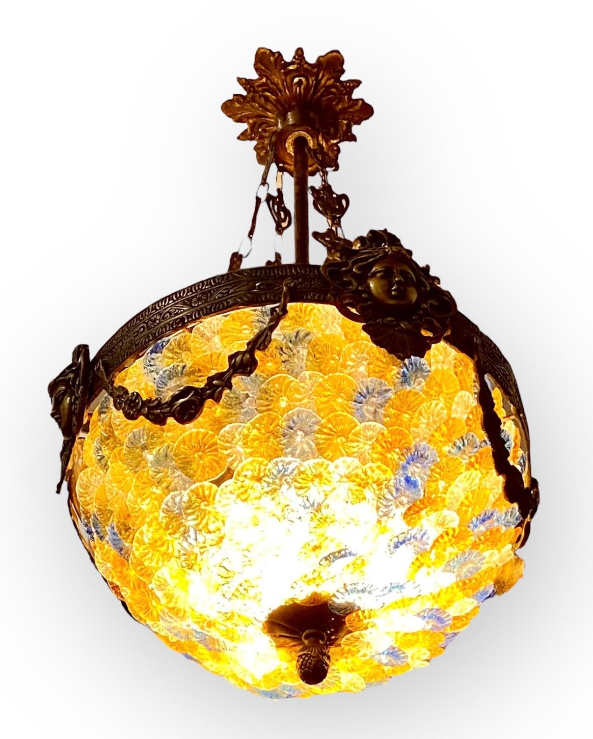 Vintage Murano Glass Flowers and Bronze Chandelier In Good Condition For Sale In New Orleans, LA