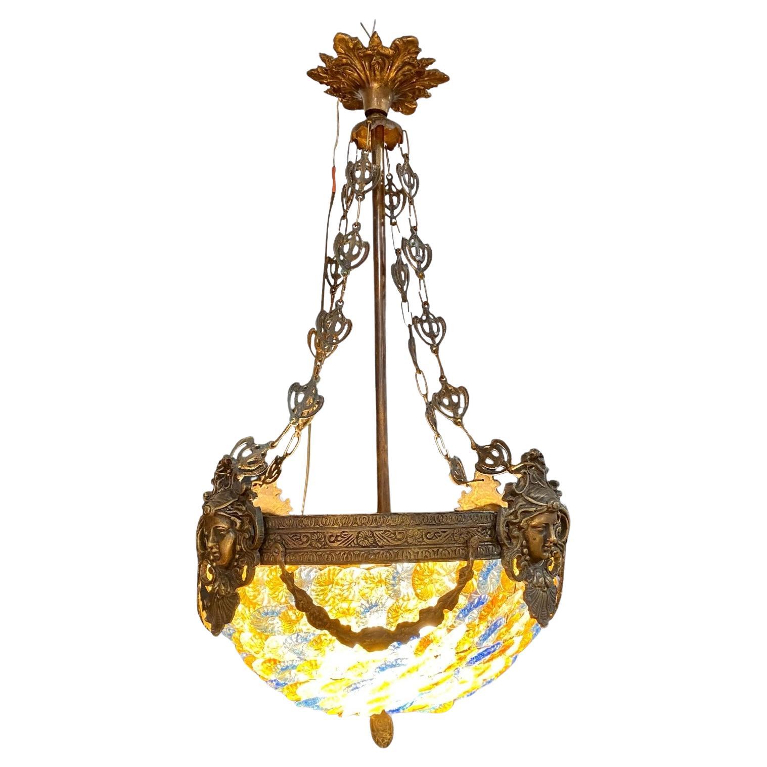 Vintage Murano Glass Flowers and Bronze Chandelier For Sale
