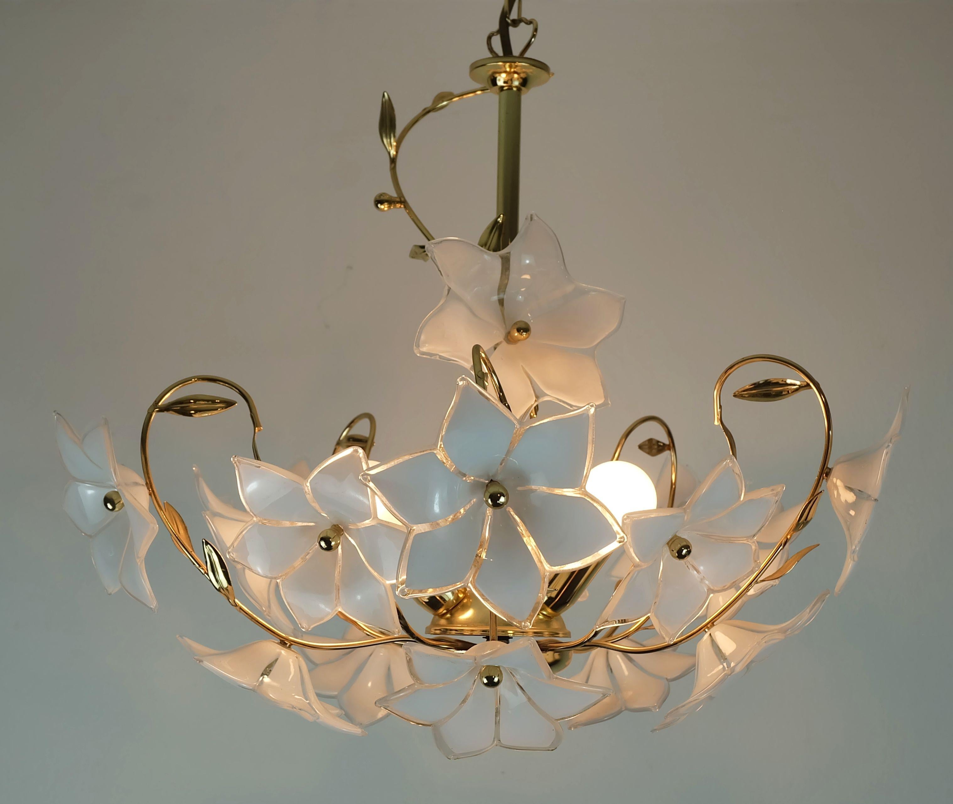 vintage murano glass flowers CHANDELIER hanging lamp white flowers gold metal 19 4