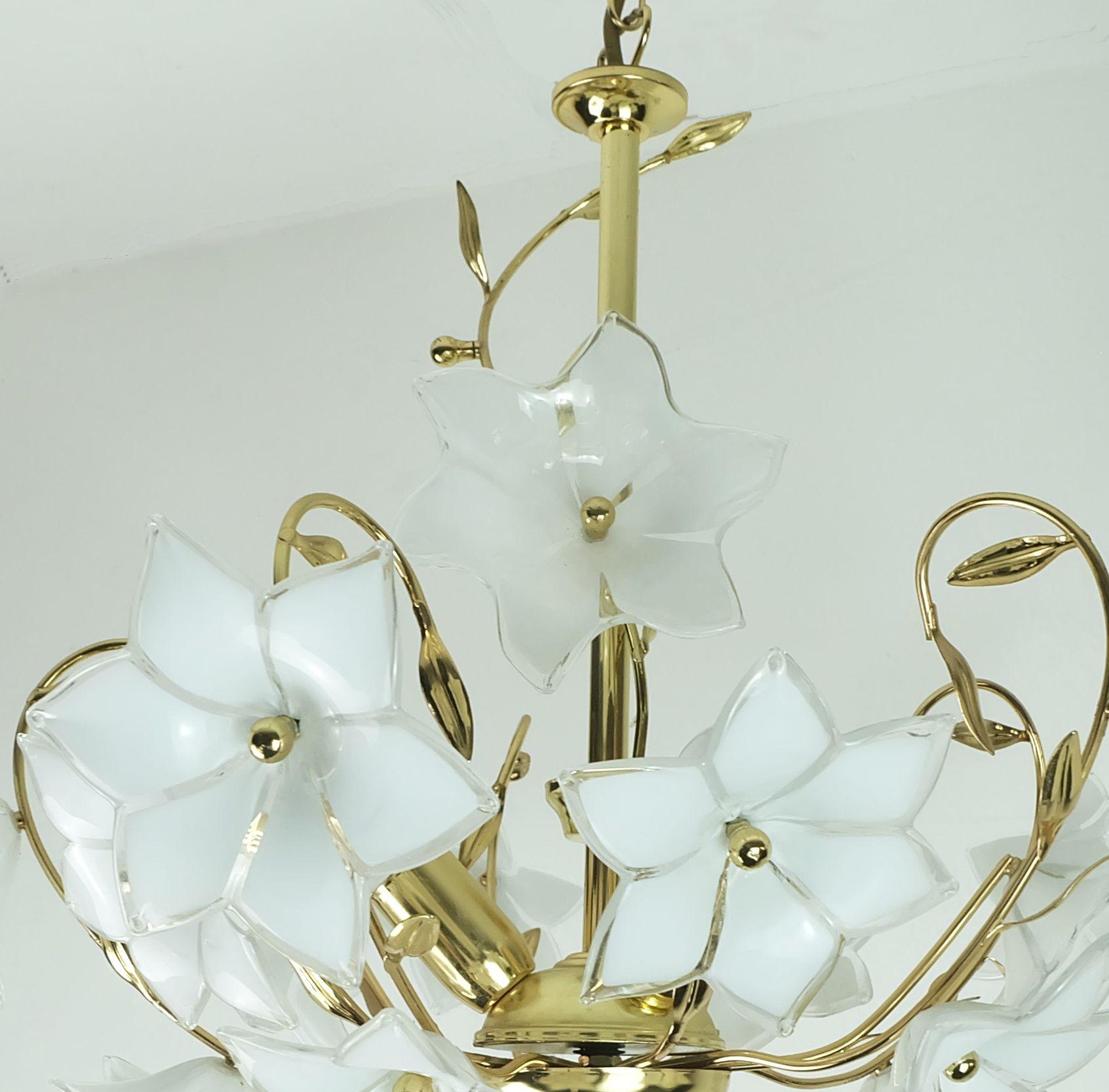 Mid-Century Modern vintage murano glass flowers CHANDELIER hanging lamp white flowers gold metal 19