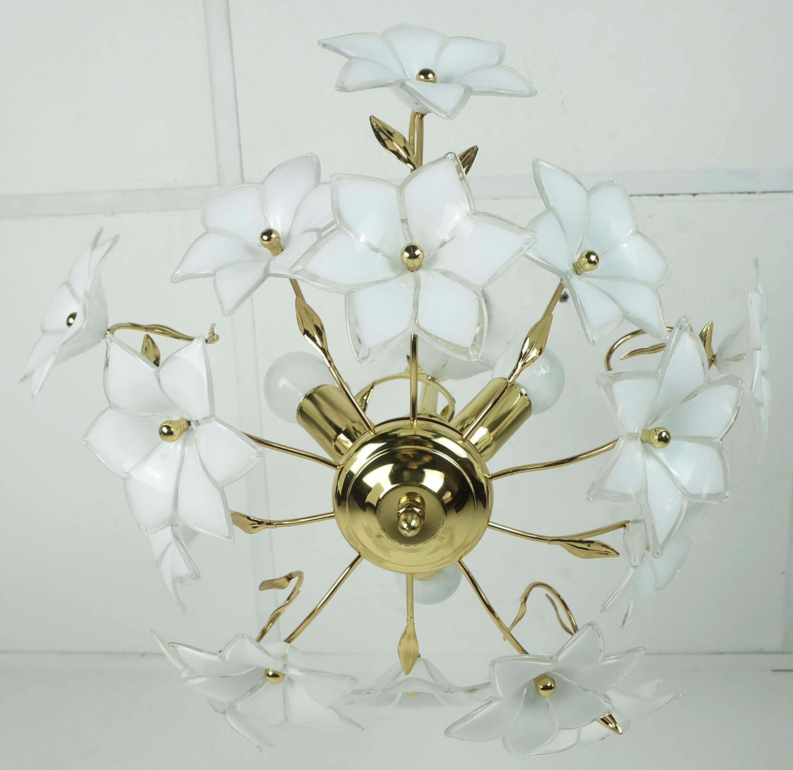 Late 20th Century vintage murano glass flowers CHANDELIER hanging lamp white flowers gold metal 19