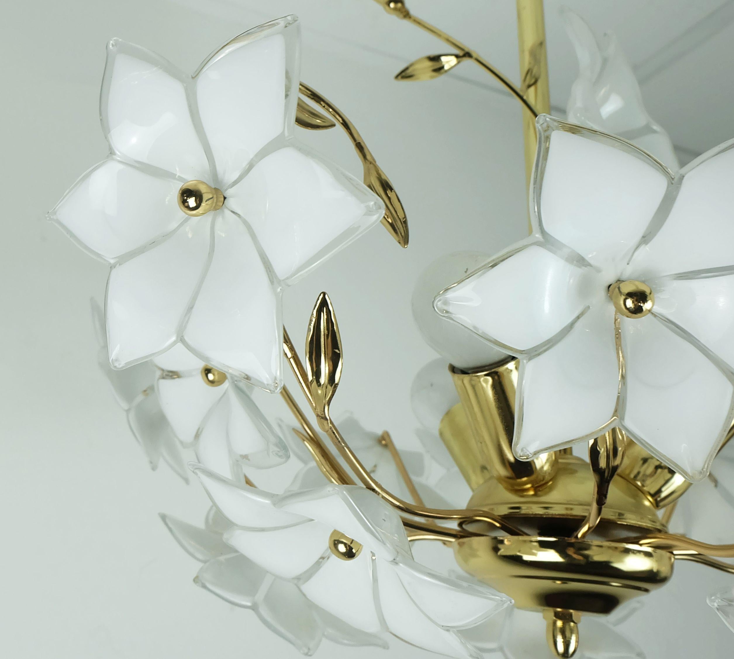 Brass vintage murano glass flowers CHANDELIER hanging lamp white flowers gold metal 19