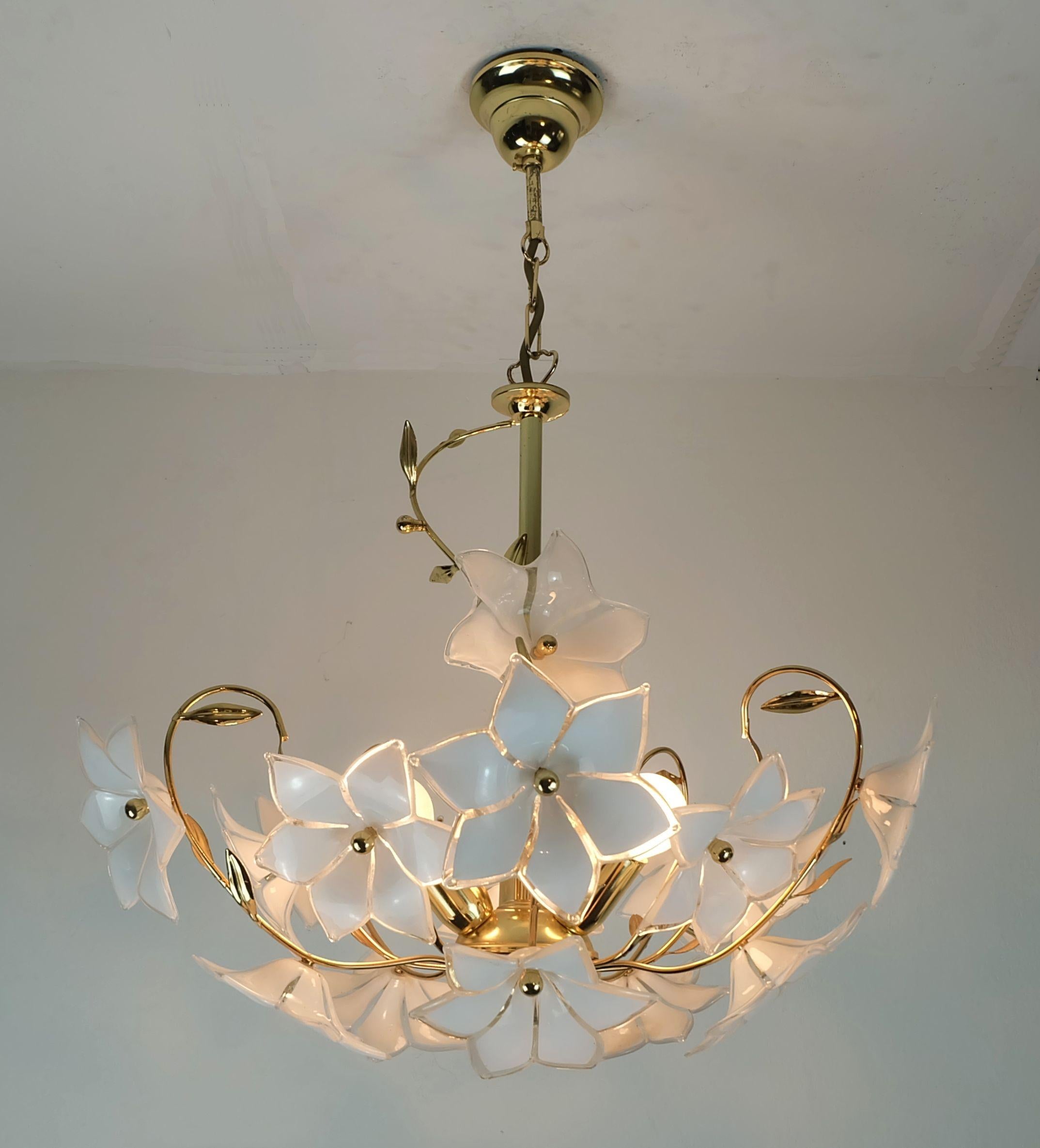 vintage murano glass flowers CHANDELIER hanging lamp white flowers gold metal 19 1
