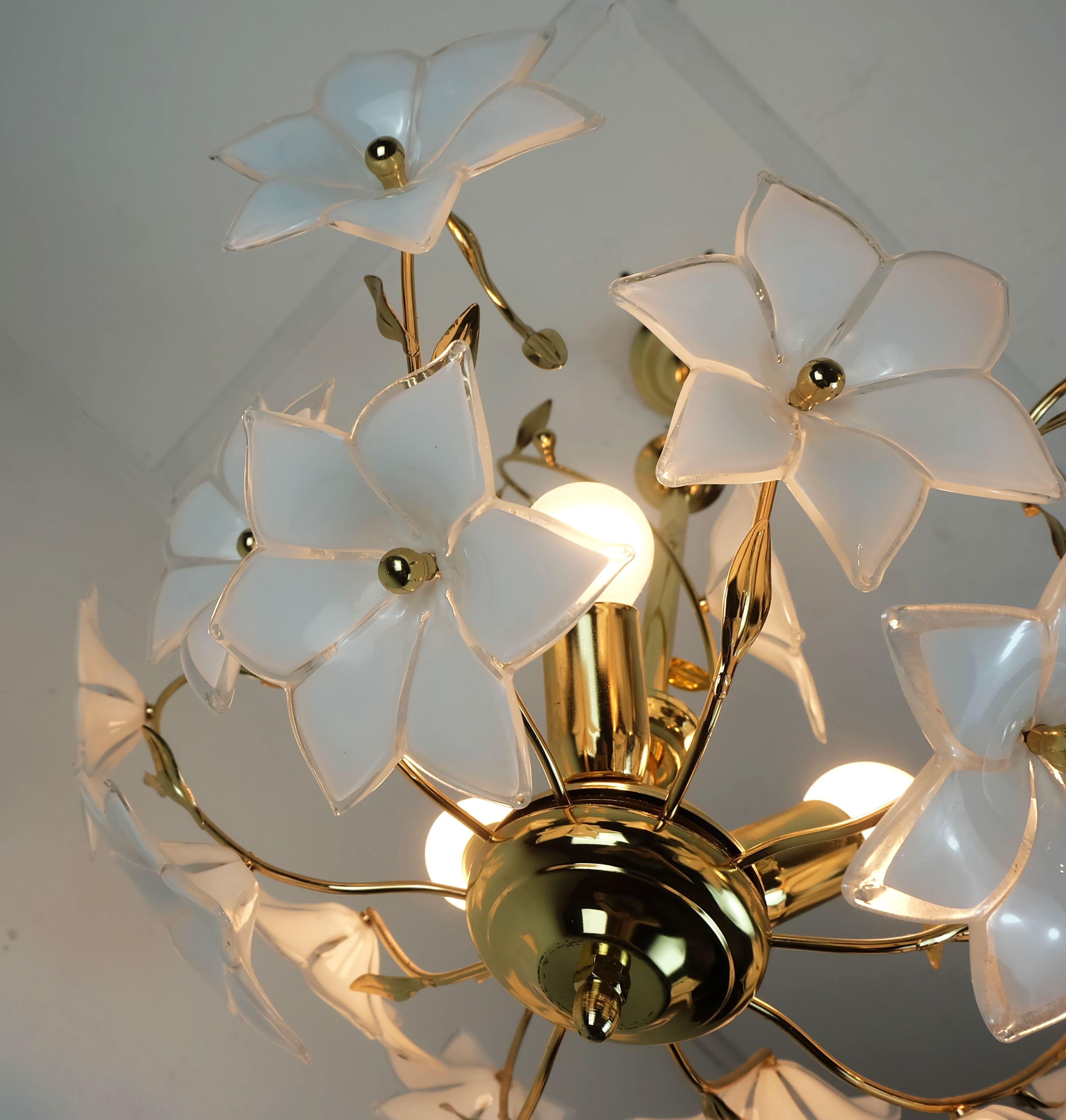vintage murano glass flowers CHANDELIER hanging lamp white flowers gold metal 19 2
