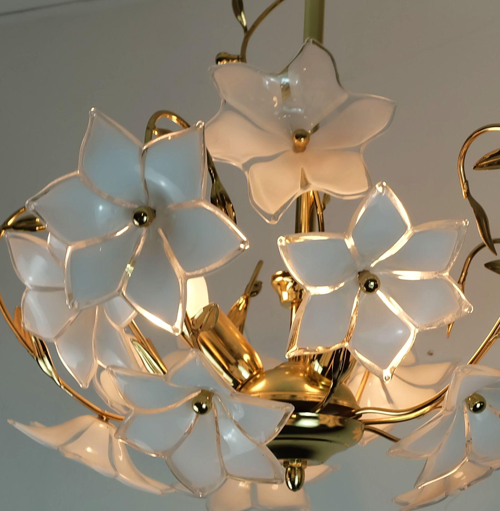 vintage murano glass flowers CHANDELIER hanging lamp white flowers gold metal 19 3