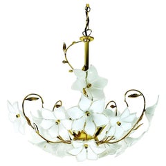 vintage murano glass flowers CHANDELIER hanging lamp white flowers gold metal 19