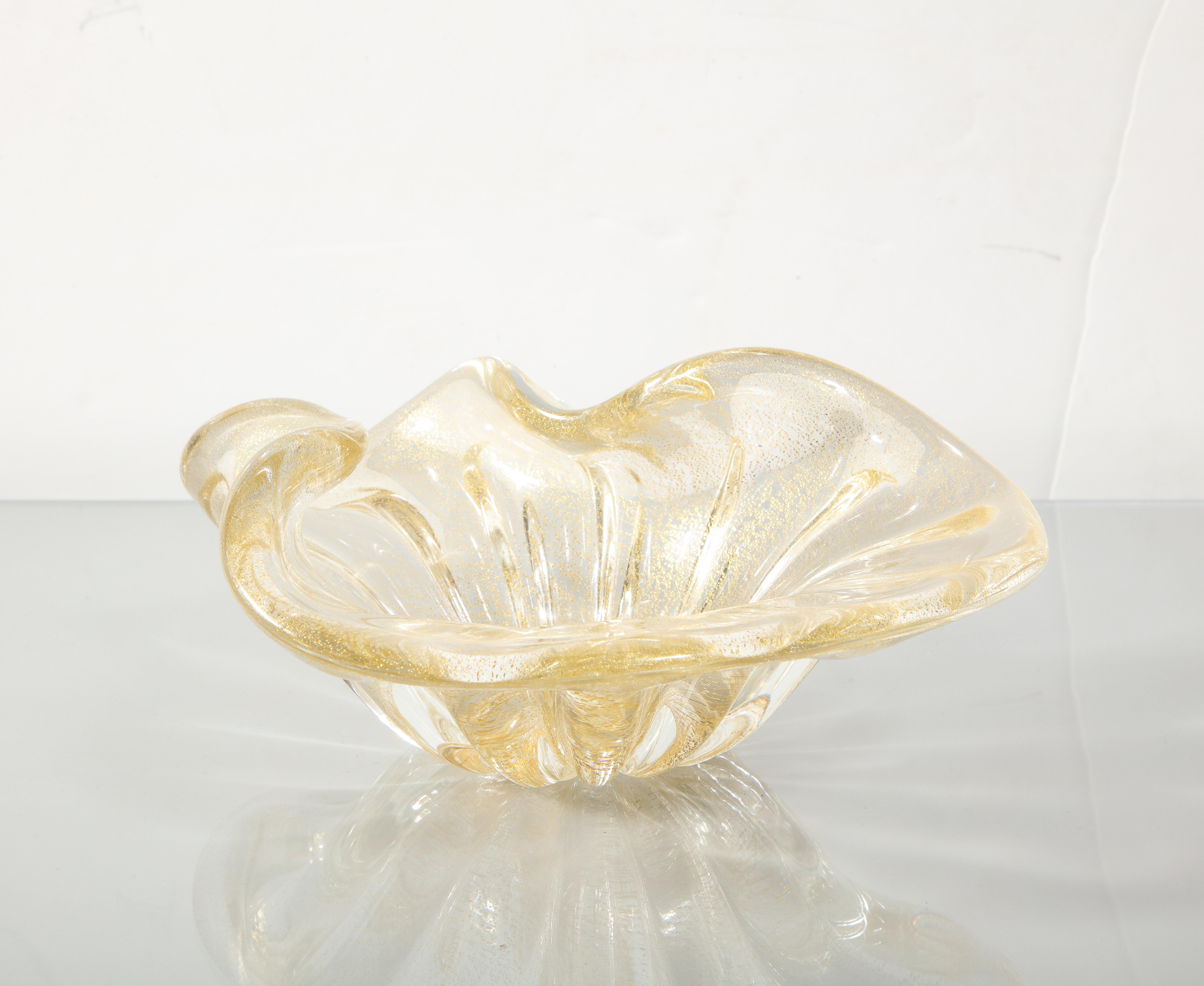 Vintage Murano glass bowl #2 with gold dust by Alberto Donà. Gracefully shaped bowl with 24-karat gold dust infusion.