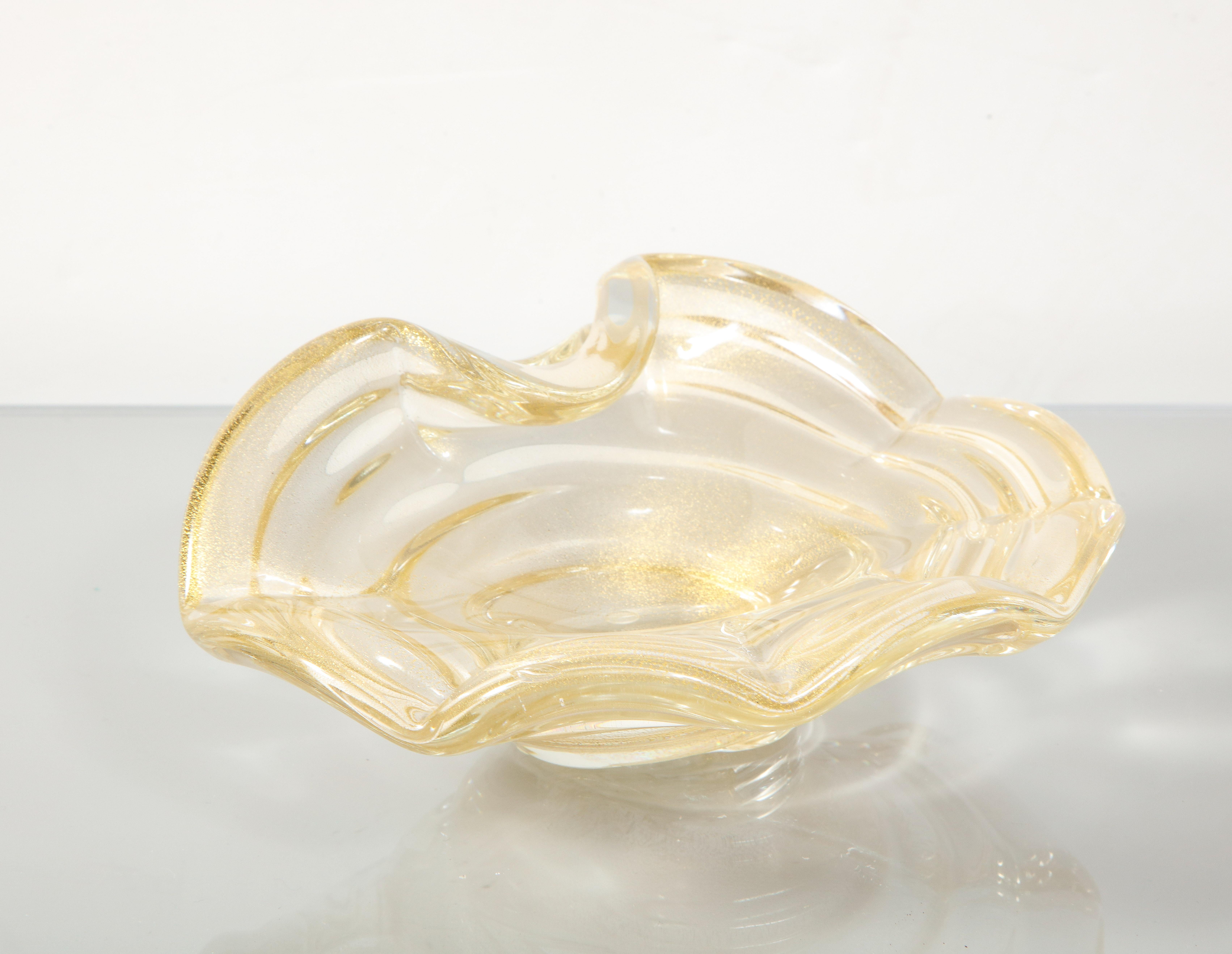 Vintage Murano glass bowl #3 with gold dust by Alberto Donà. Uniquely shaped bowl with 24-karat gold dust infusion and swirling pattern.