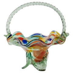 Vintage Murano Glass Handle Bowl Colourful Polka Dots Mid Century Italy, 1970s