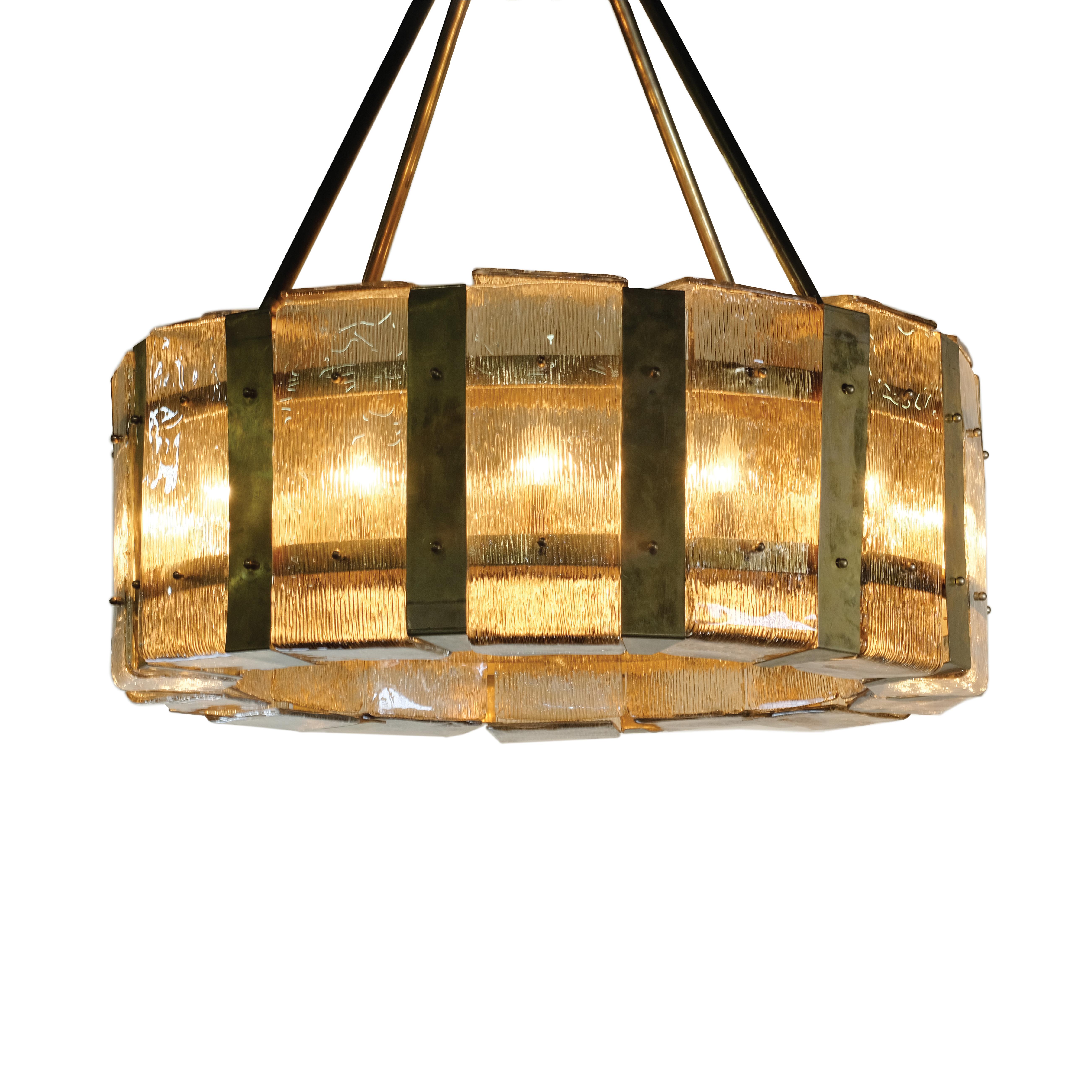 A stunningly sophisticated Vintage Italian “Hatbox” Pendant with Panels of Textured Glass and Bronze Banded detailing
