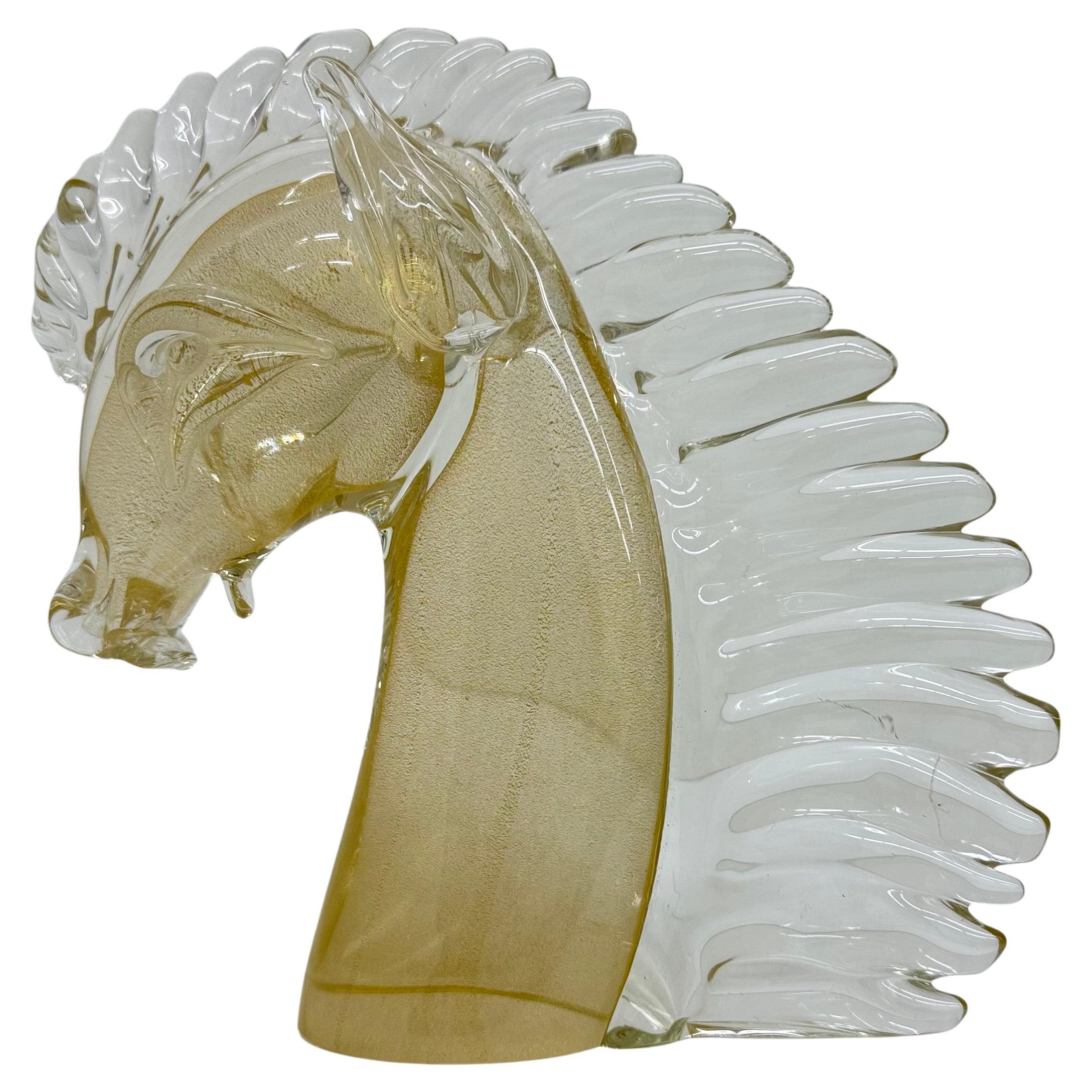 Vintage Murano glass horse head with gold leaf , 1970s