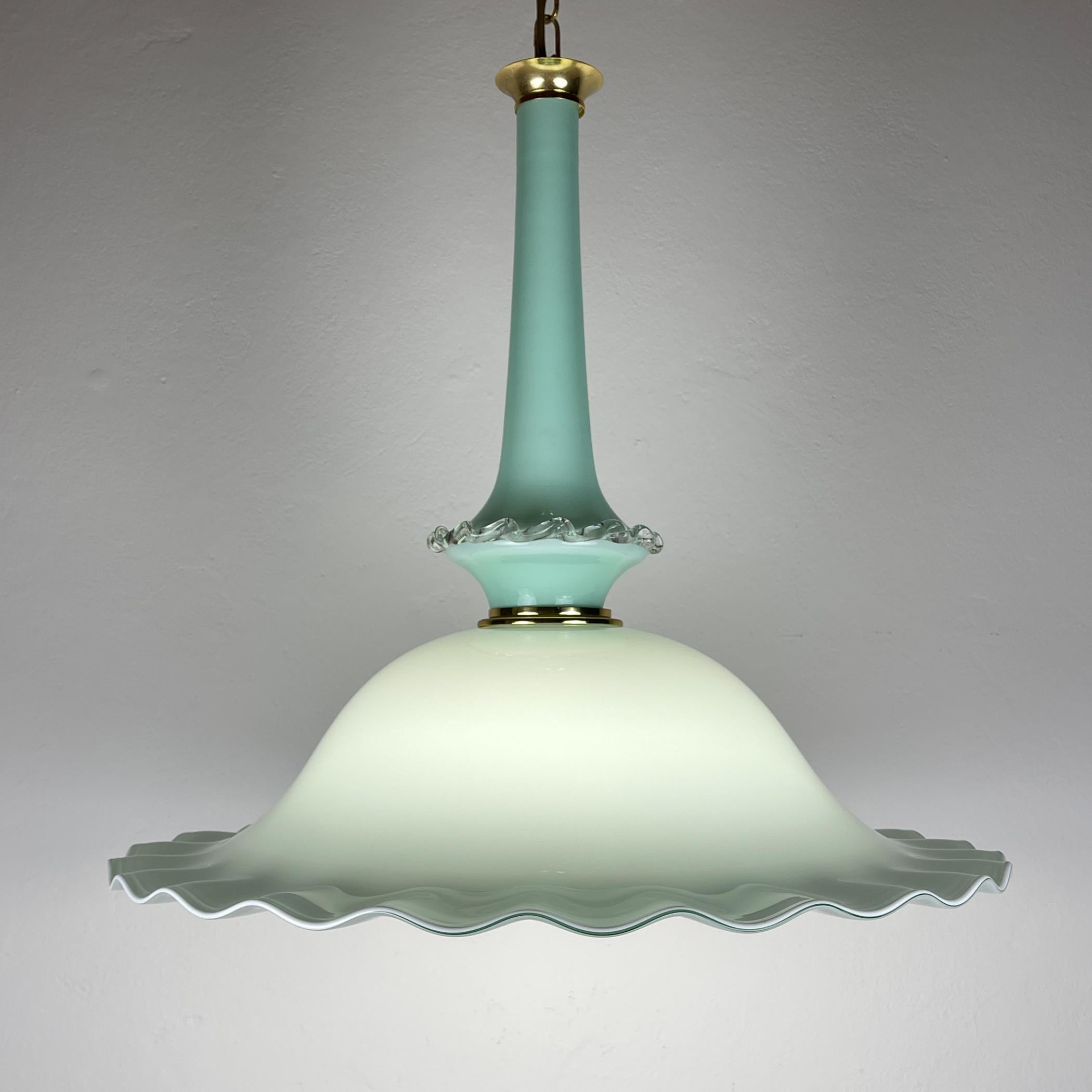 Amazing large Murano pendant lamp by Venini made in Italy in the 1970s. A very rare murano lamp of pale blue color.
Venini & Co. played a leading role in the revival of Italy’s high-end glass industry, pairing innovative modernist designers with the