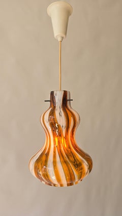 Vintage Murano Glass Pendant Light with Amber and White Swirl, Italy, 1960s