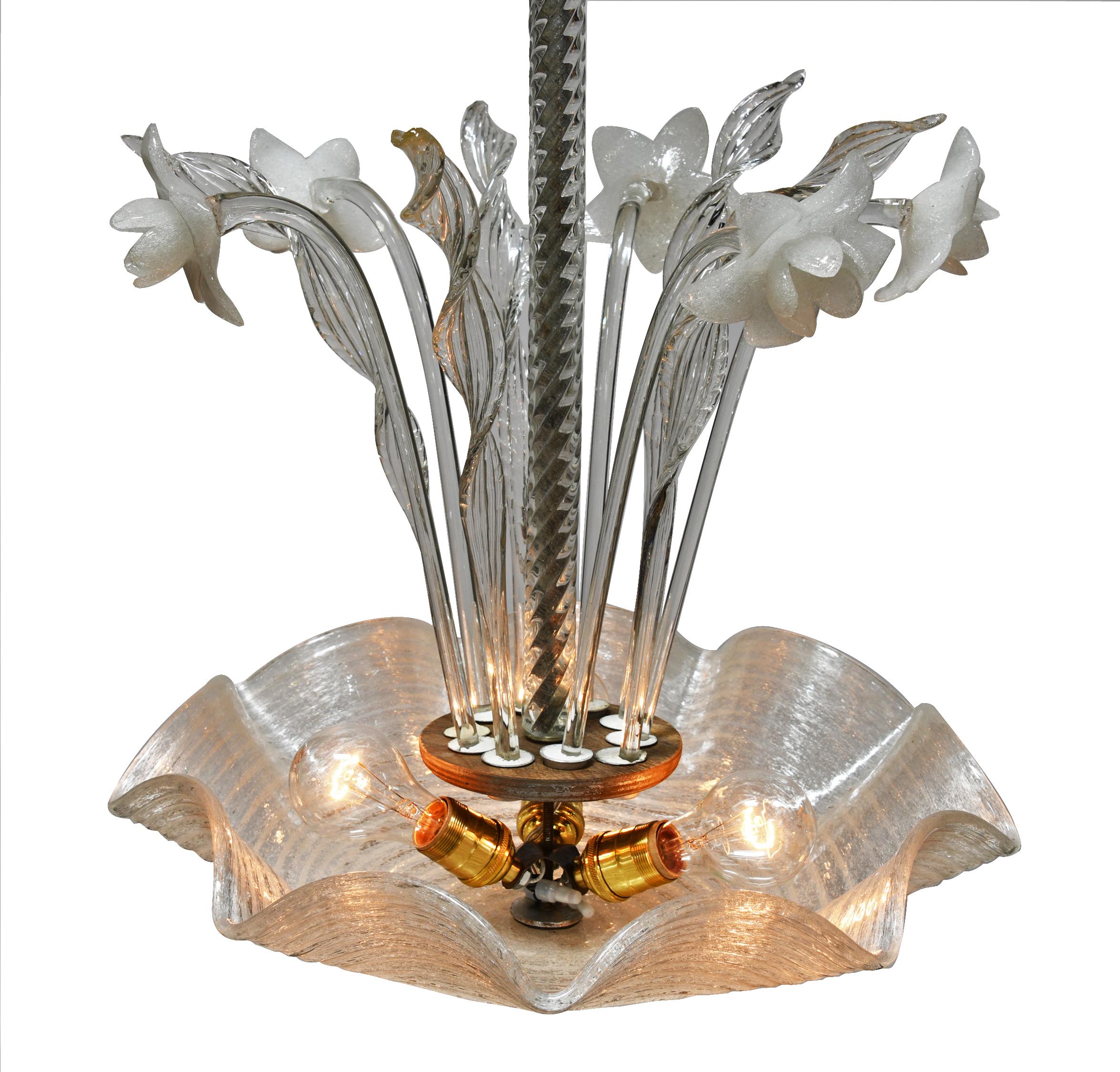 A playful pendant of handblown Murano glass flowers in opalino amber with cristale clear twists – all blooming from a scalloped rugiada glass bowl and suspended from a handblown twisted glass stem and ridged canopy. De-light-ful!

Thomas Cooper