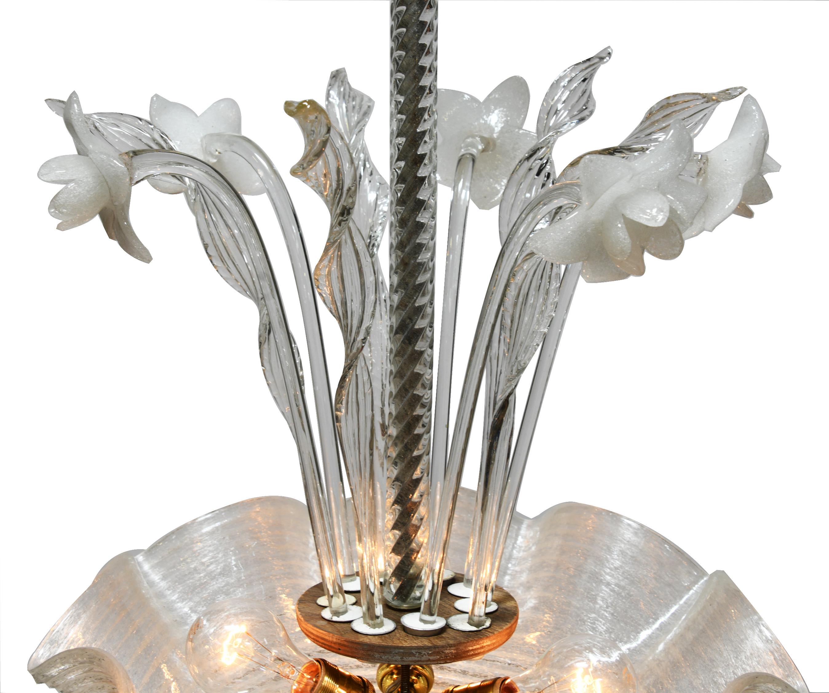 Italian Hand Crafted Opalino Murano Glass Flower Pendant with Scalloped Rugiada Details For Sale