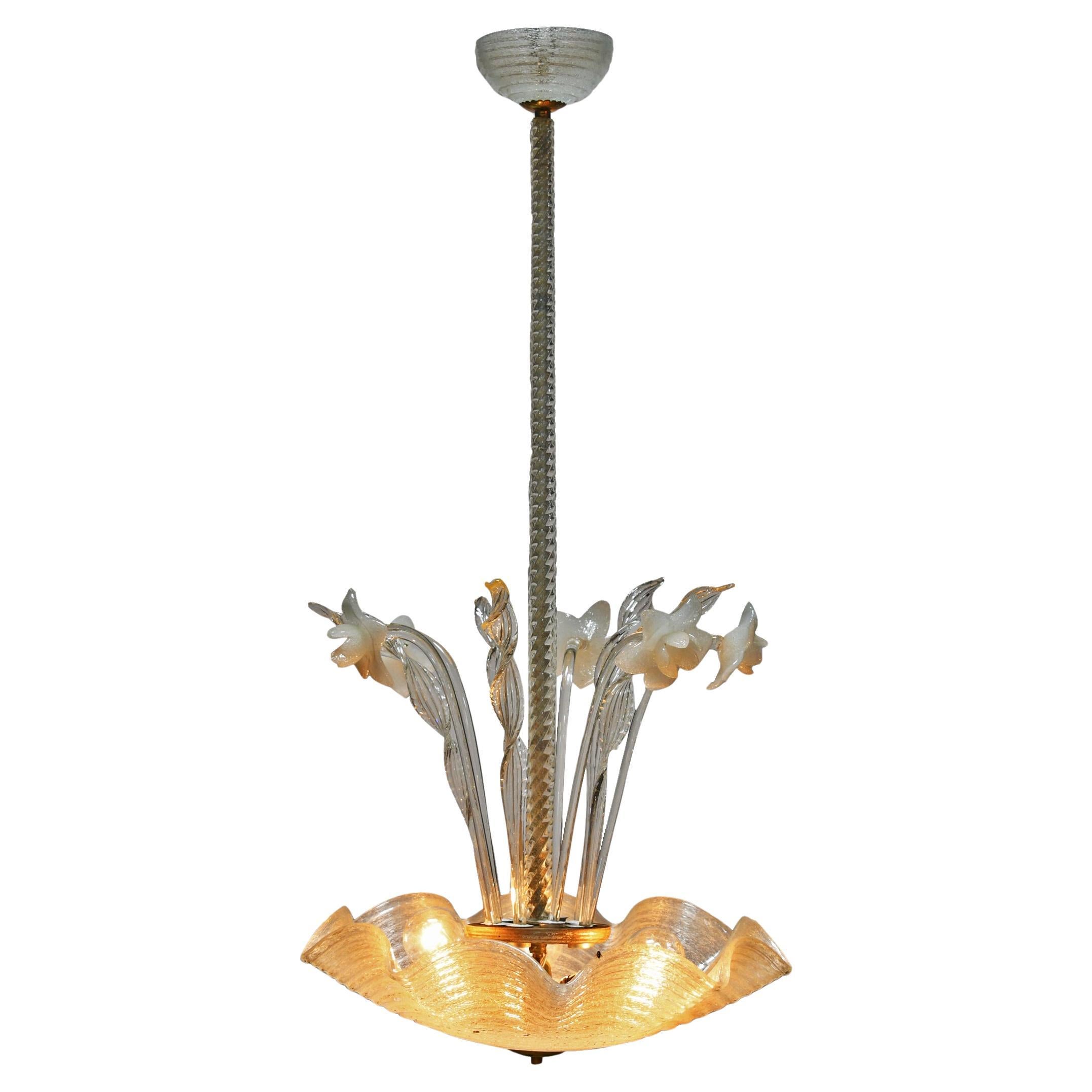Hand Crafted Opalino Murano Glass Flower Pendant with Scalloped Rugiada Details
