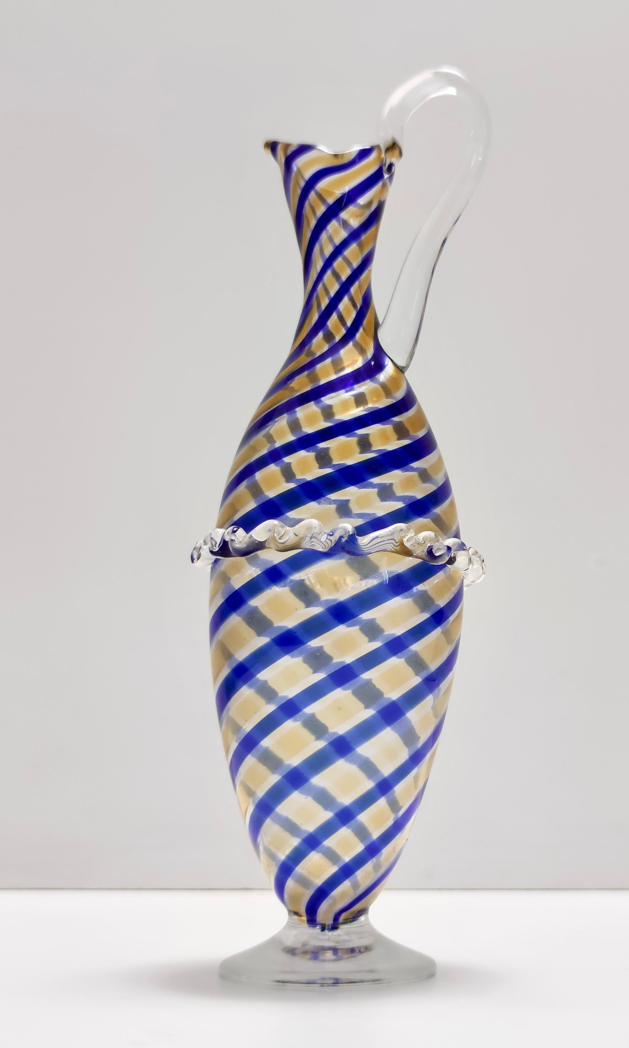 Italian Vintage Murano Glass Pitcher Vase Ascribable to Toso with Blue and Yellow Canes For Sale