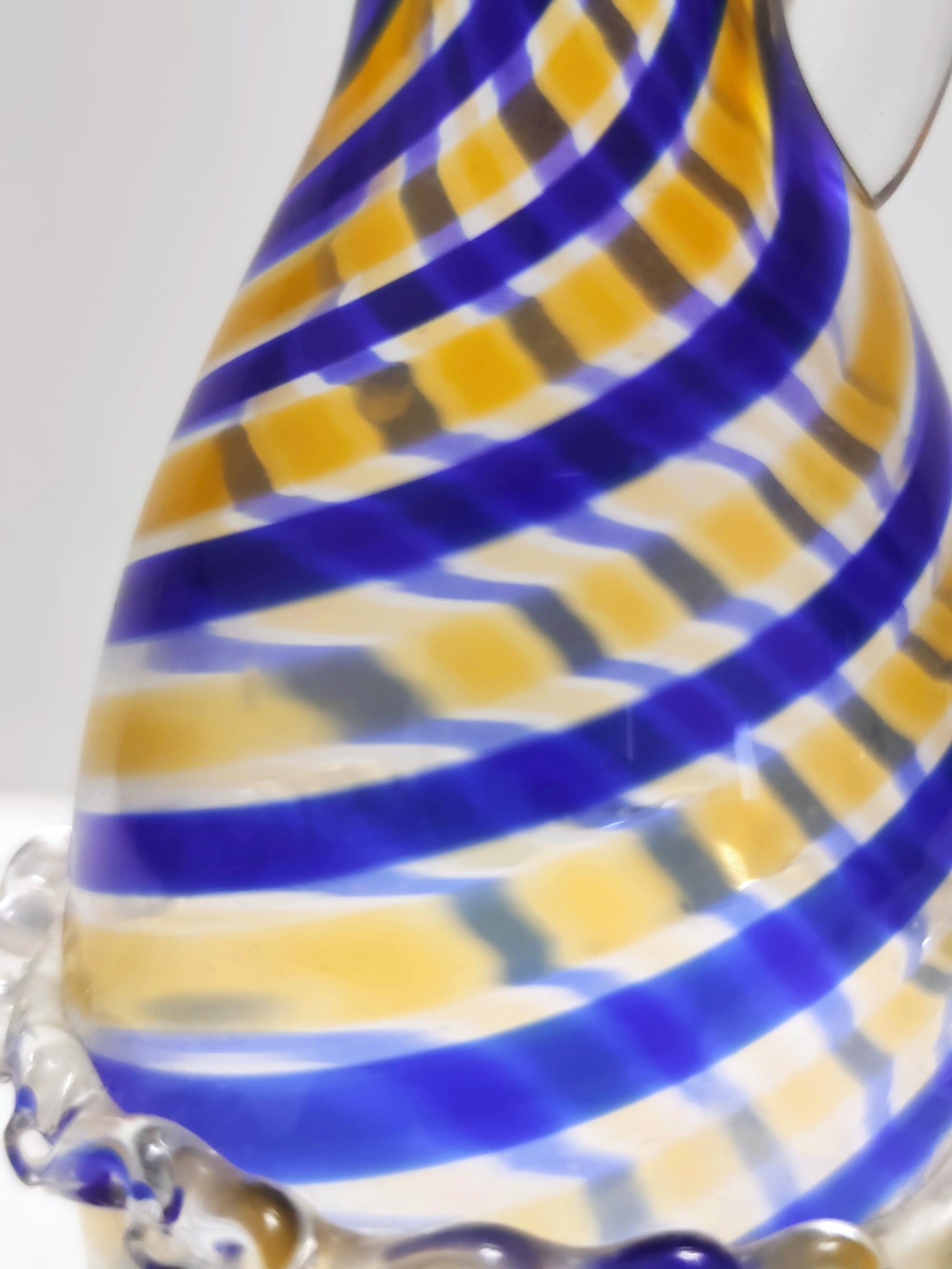 Mid-20th Century Vintage Murano Glass Pitcher Vase Ascribable to Toso with Blue and Yellow Canes For Sale