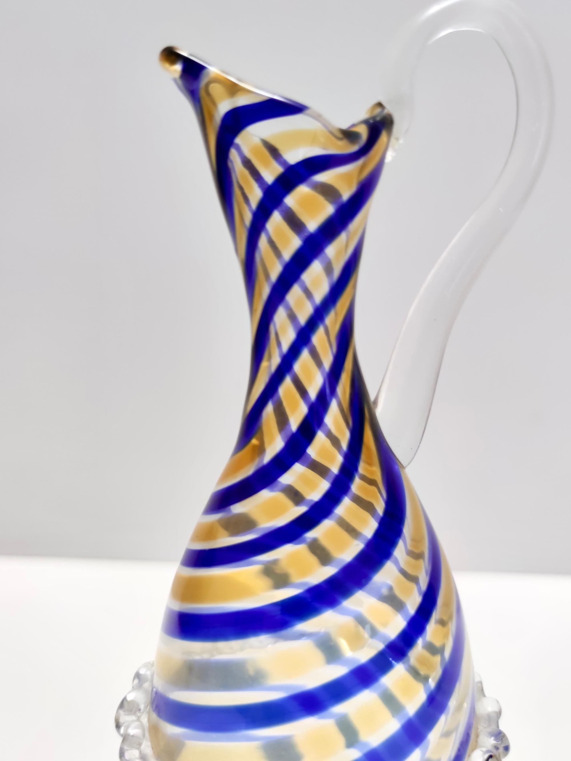 Vintage Murano Glass Pitcher Vase Ascribable to Toso with Blue and Yellow Canes For Sale 1