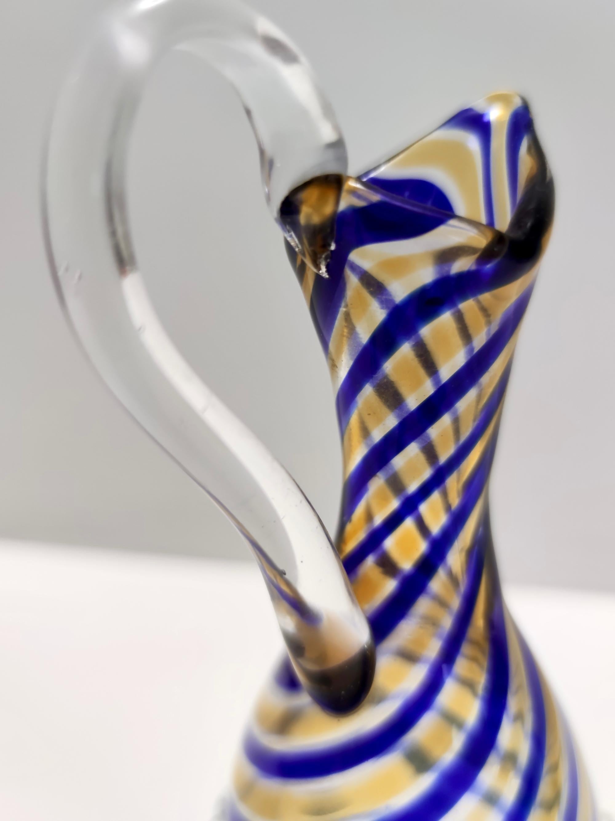 Vintage Murano Glass Pitcher Vase Ascribable to Toso with Blue and Yellow Canes For Sale 2