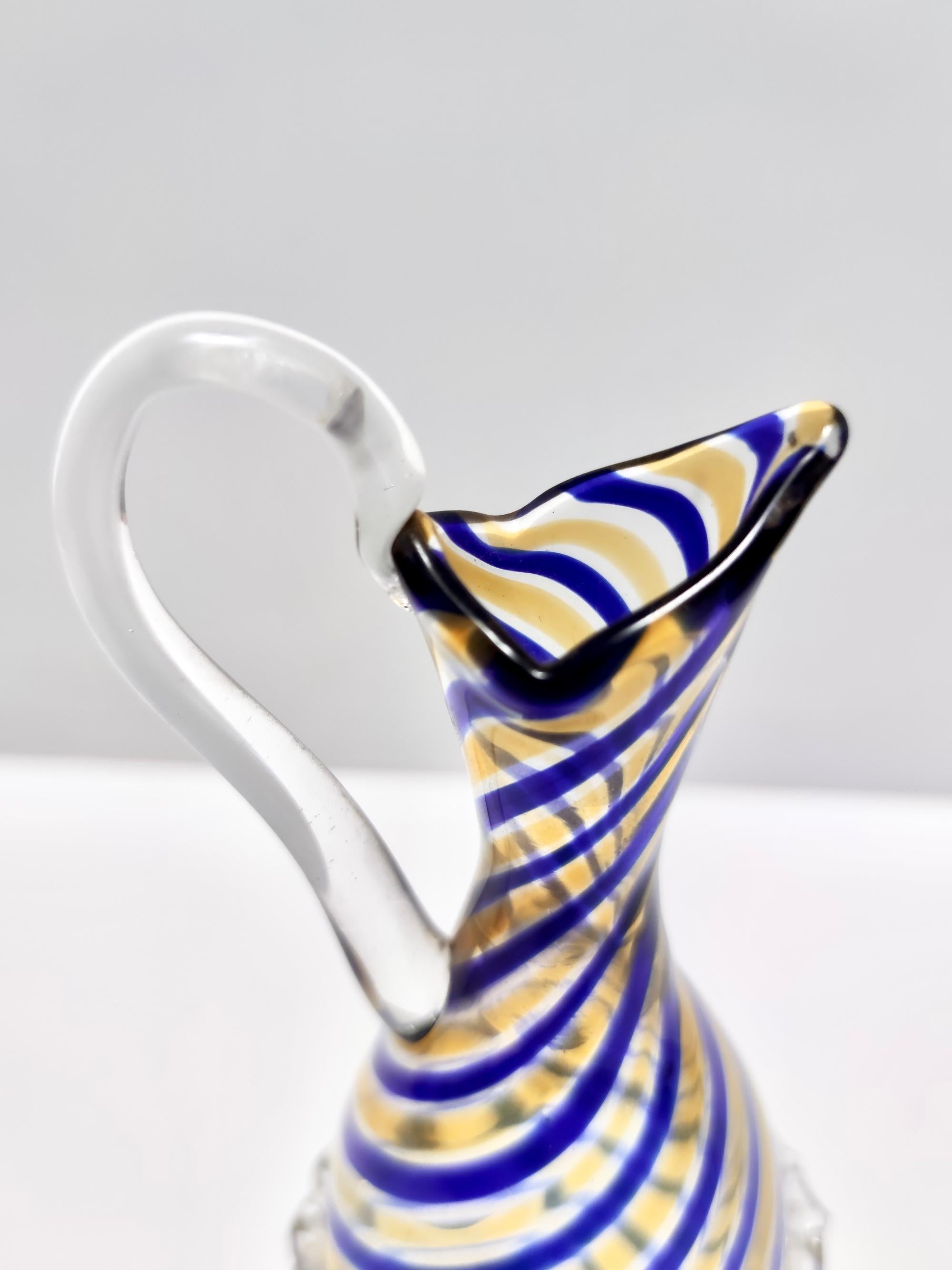 Vintage Murano Glass Pitcher Vase Ascribable to Toso with Blue and Yellow Canes For Sale 3