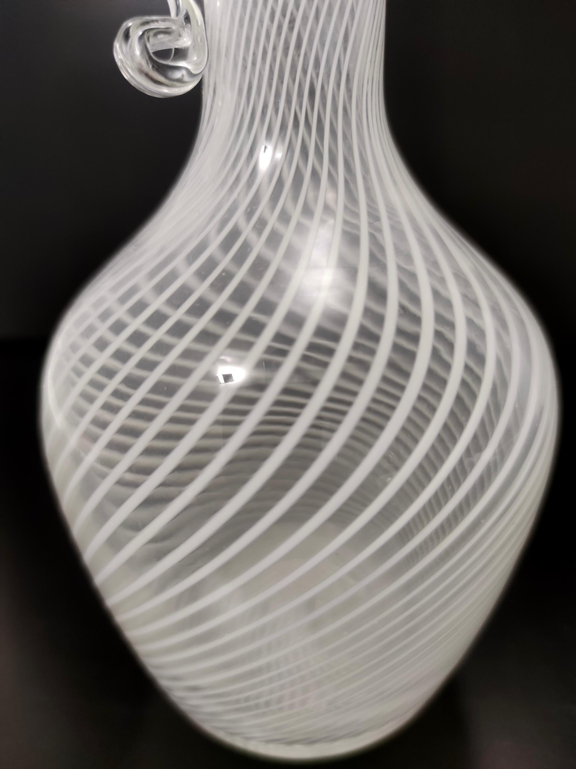 Murano Glass Pitcher Vase with White and Transparent Canes, Italy For Sale 5