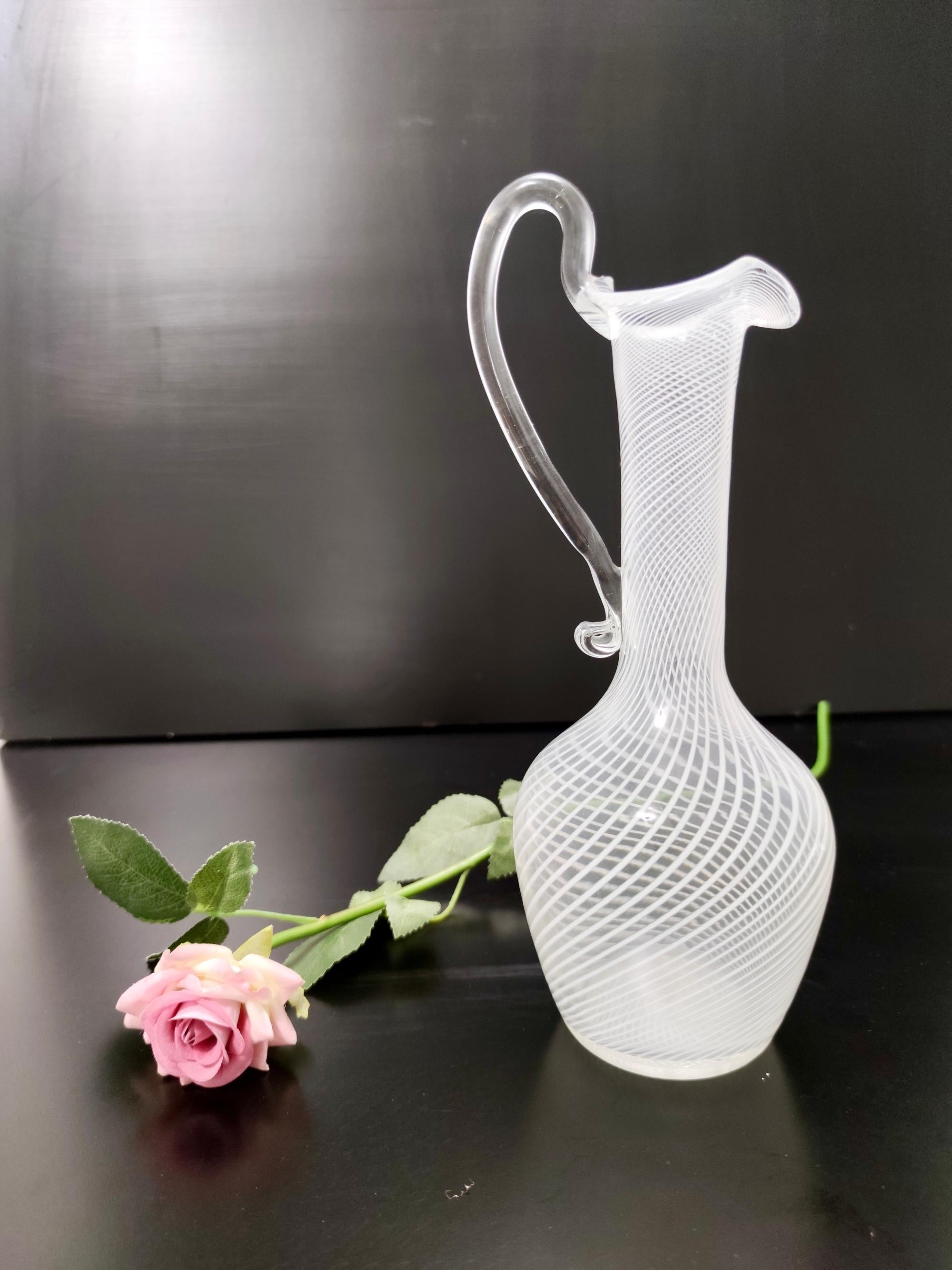 Mid-Century Modern Vintage Murano Glass Pitcher Vase with White and Transparent Canes For Sale