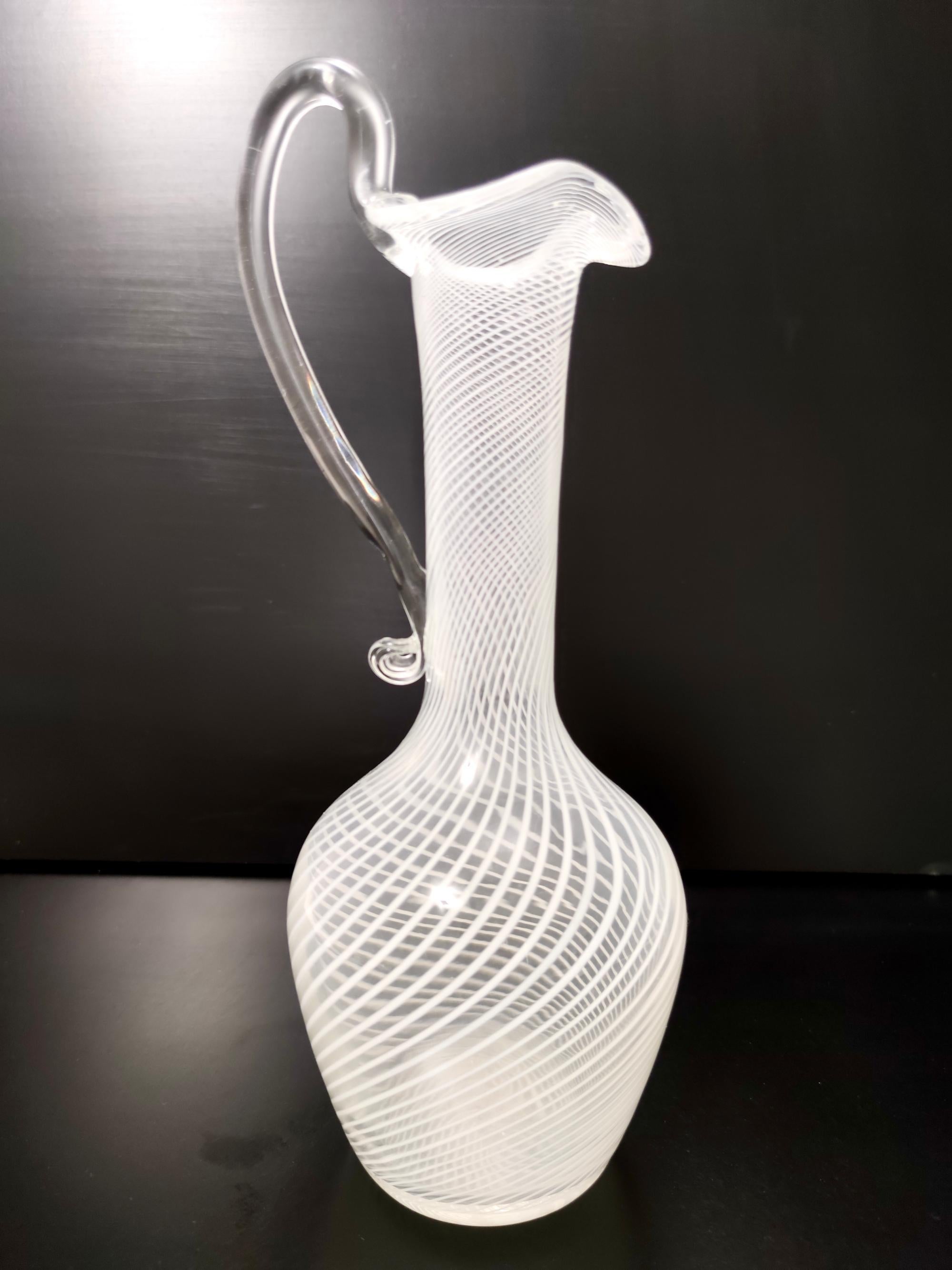 Murano Glass Pitcher Vase with White and Transparent Canes, Italy In Excellent Condition For Sale In Bresso, Lombardy