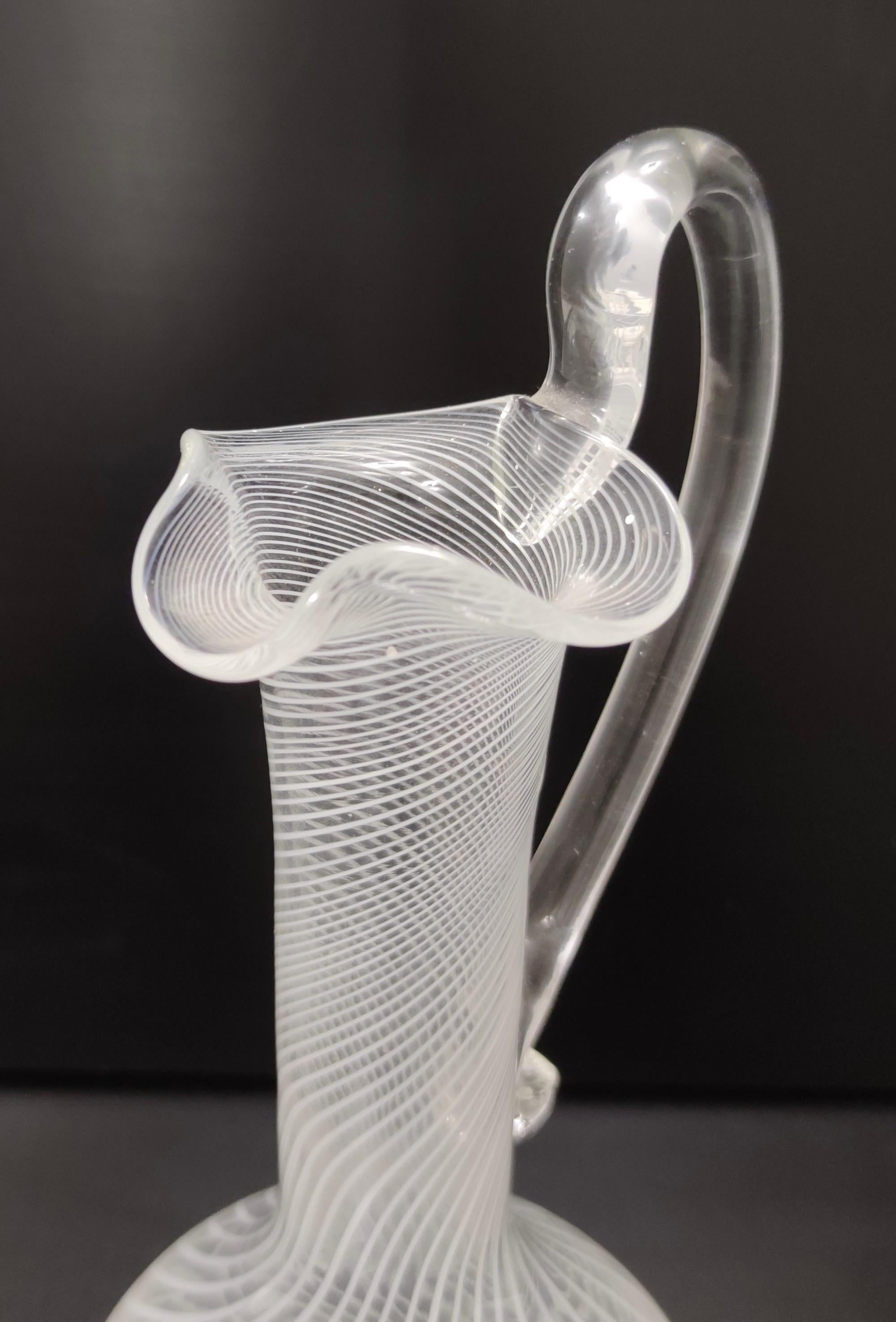 Murano Glass Pitcher Vase with White and Transparent Canes, Italy For Sale 2