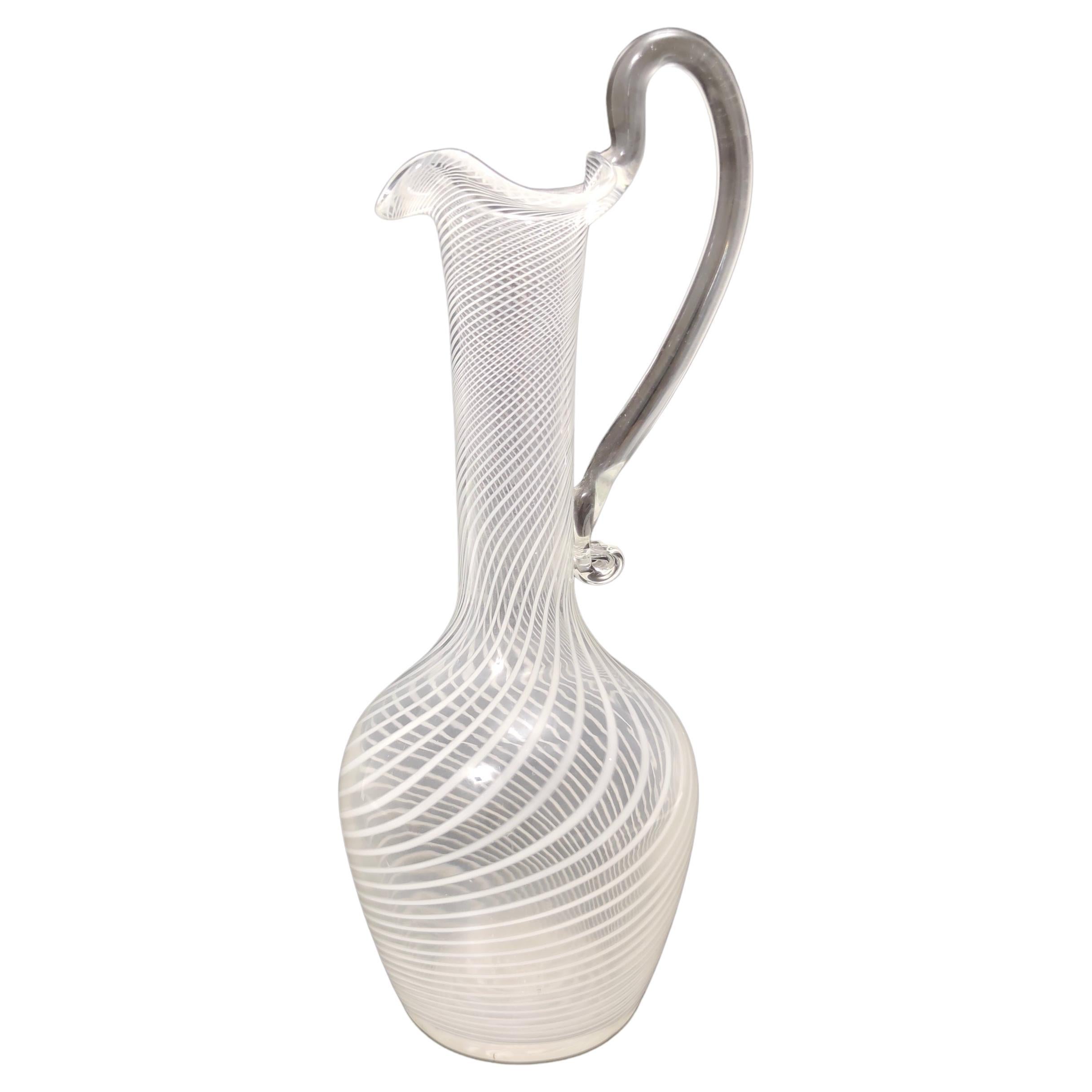 Murano Glass Pitcher Vase with White and Transparent Canes, Italy For Sale