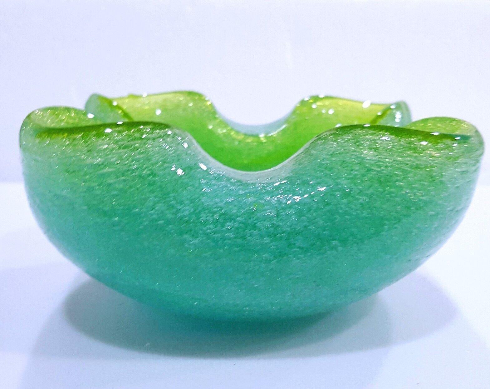 Green & Blue Mid-Century Modern Murano Glass Pulegoso Bowl by Seguso (suspected).  
UPDATE: Due to agreement with 1stDibs, we'll be staying through the end of the year.
AVeM also made pulegoso works similar to this.  
This is a handsome bowl with a
