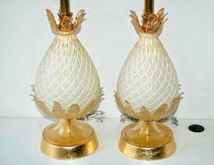 Vintage Murano Glass Quilted Pineapple Table Lamps in White and Gold - a Pair