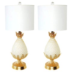 Vintage Murano Glass Quilted Pineapple Table Lamps in White and Gold - a Pair