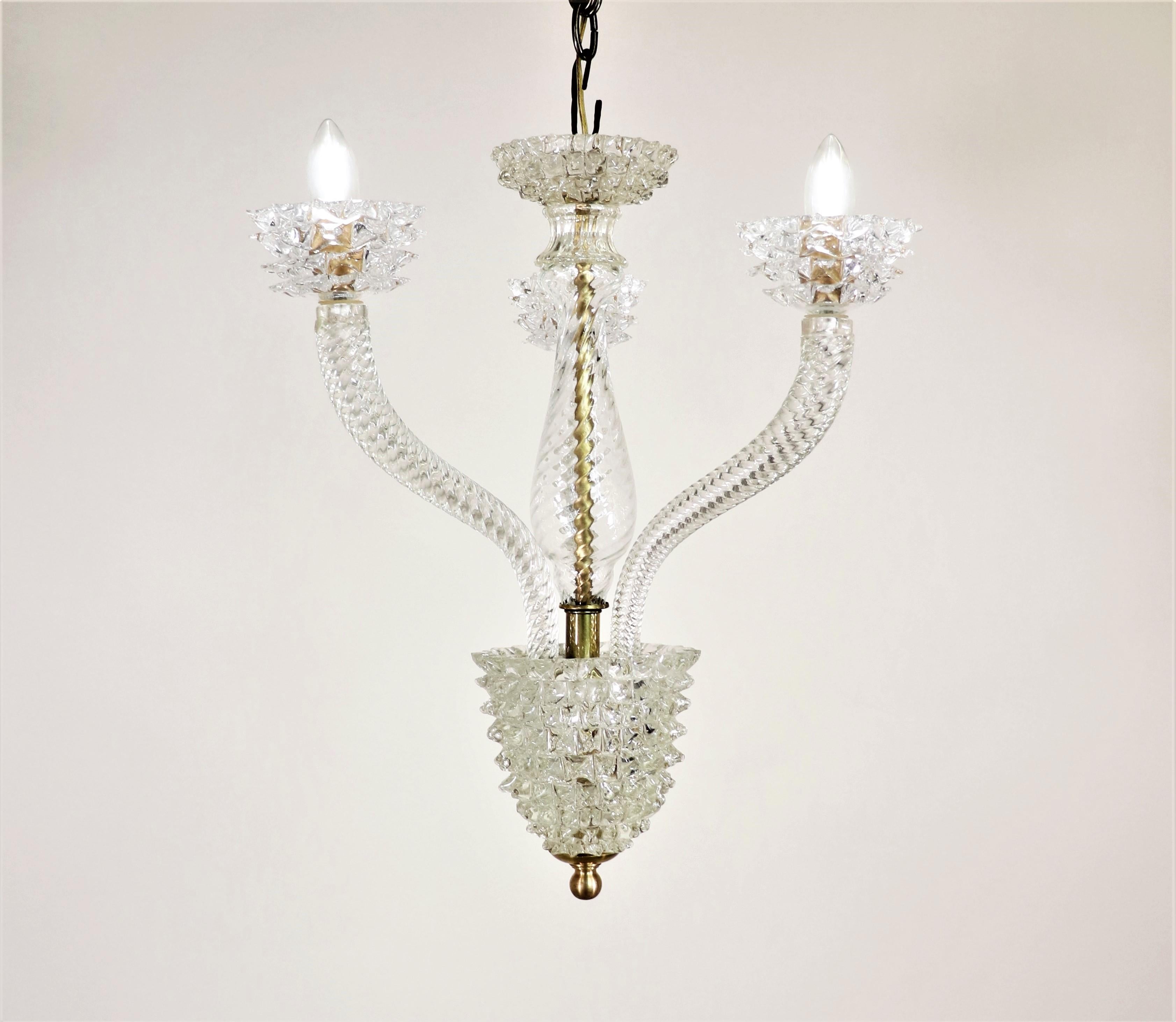 Exceptional Murano glass three-light chandelier in the manner of Ercole Barovier. Founded in 1295, Barovier is a respected name in Italian Murano glass design. In the 1920-1939's, designer Ercole Barovier began a 50-year career as the artistic