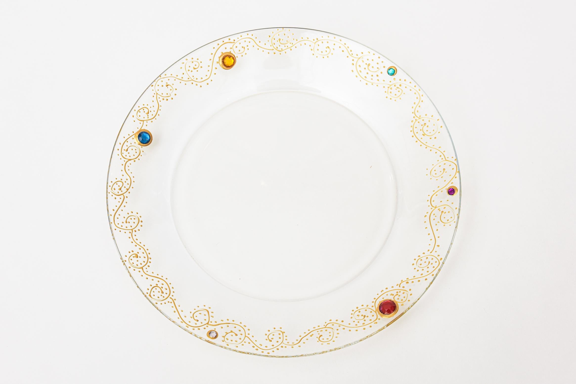 Mid-Century Modern Murano Glass Serving Plates with Glass Stones and Gold Italian Vintage S/8