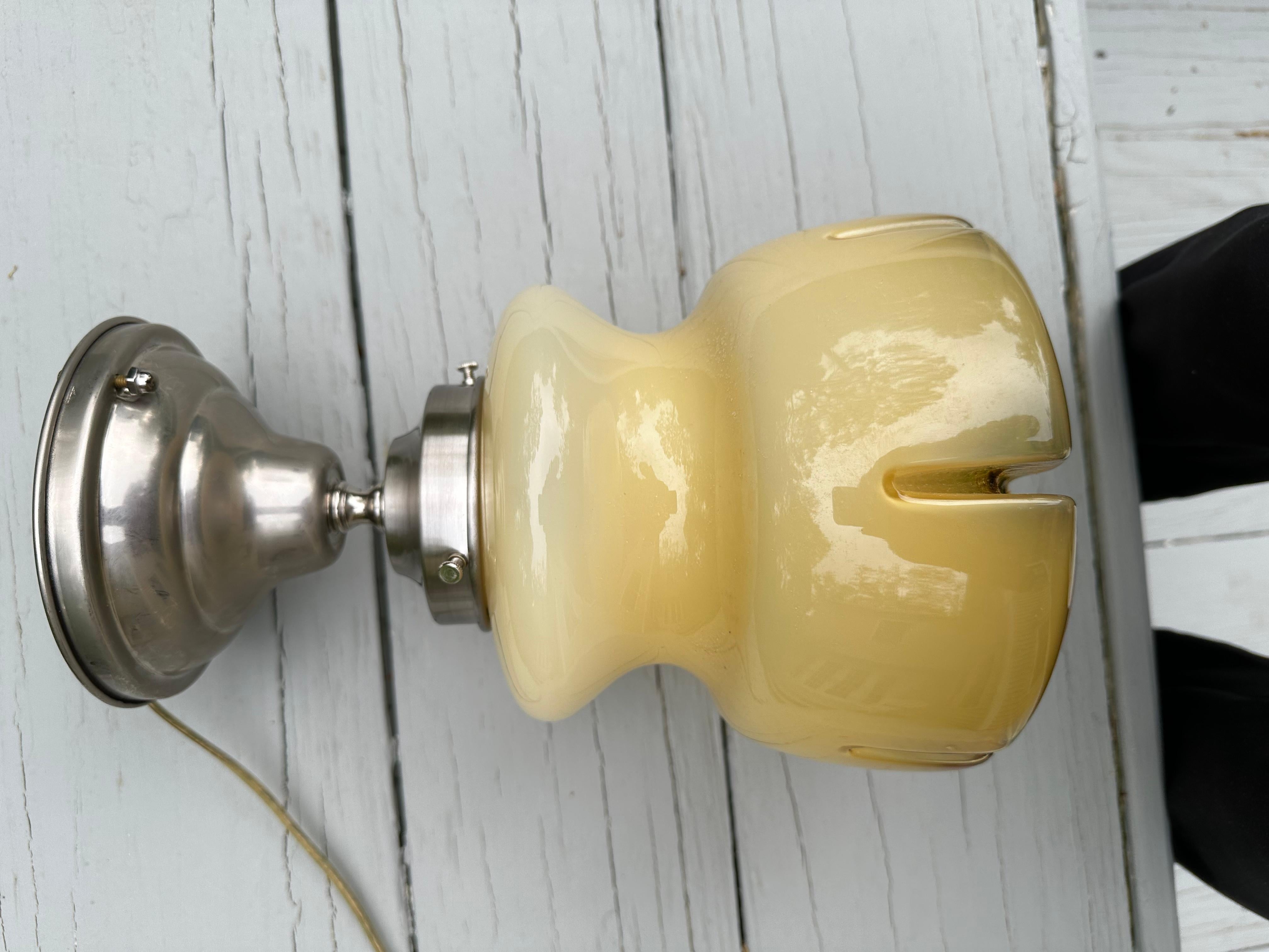 Old Lights On is pleased to offer this vintage Murano shade on a brushed nickel semi flush ceiling fixture. It is rewired and ready to install. We ship everywhere. It goes well with other fixtures and furnishings. Follow us here for more great