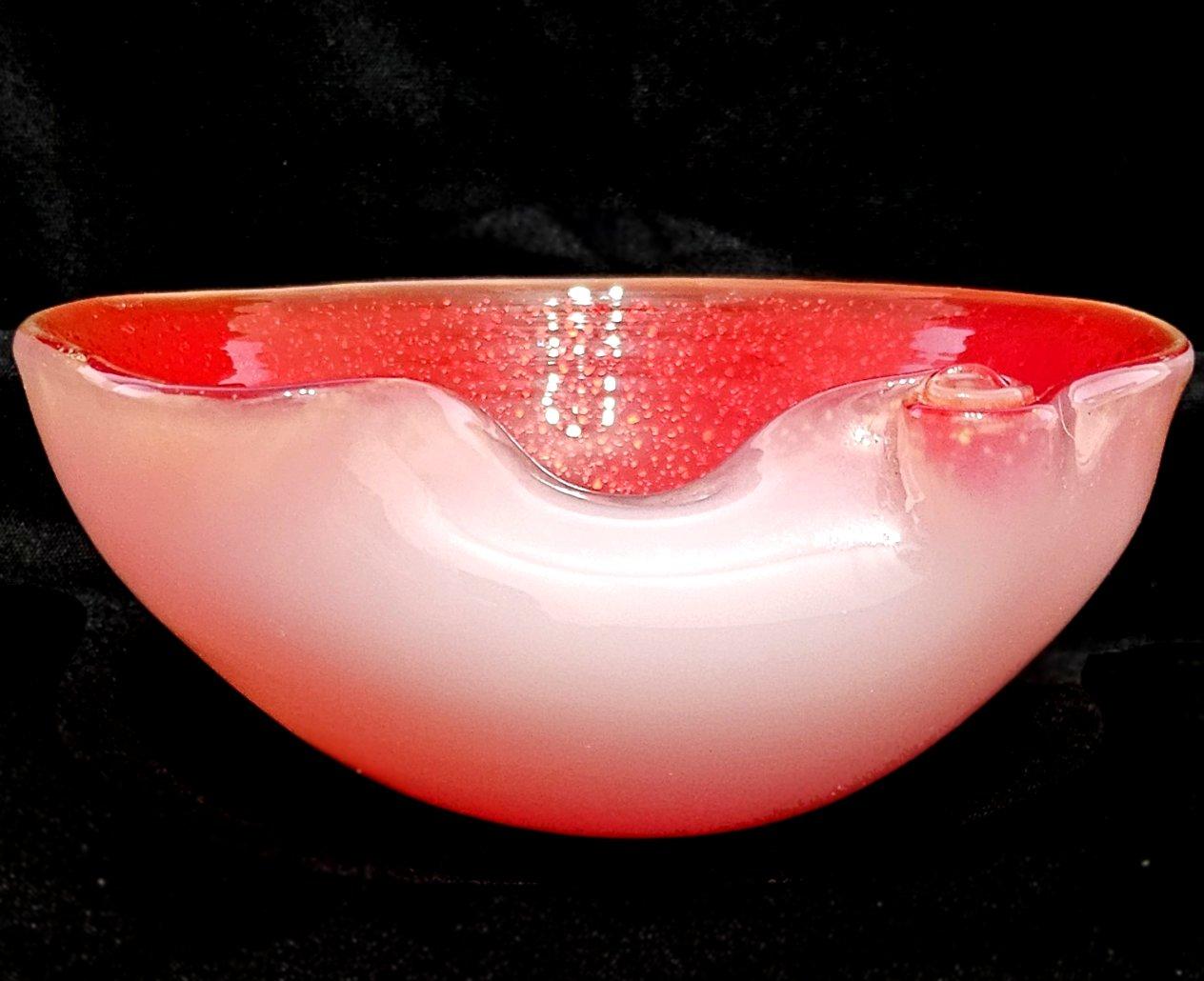 Vintage Murano Glass Shell Motif Bowl w/Gold Fleck, Opaline Exterior. Seguso?

A very pretty piece. It measures about 5.25 x 2.25 inches.
Good vintage condition.  No chips or cracks found.  There is surface scratching noticable on the inside bottom