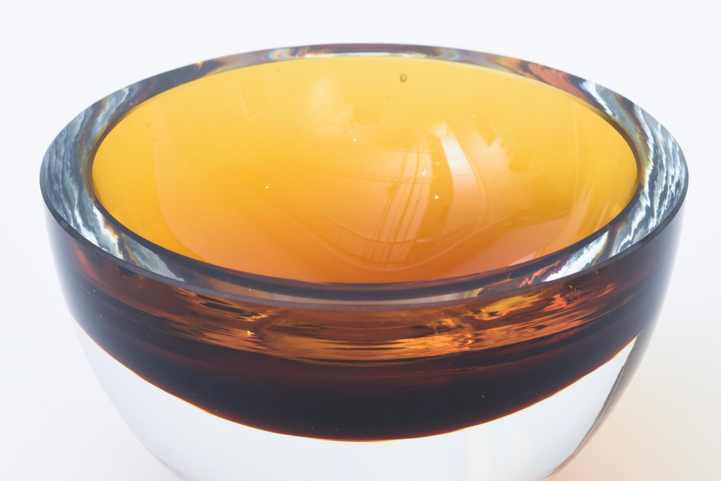 Vintage Murano Glass Sommerso Firmado Tazón Grueso Ámbar, Marrón, Transparente en venta 2