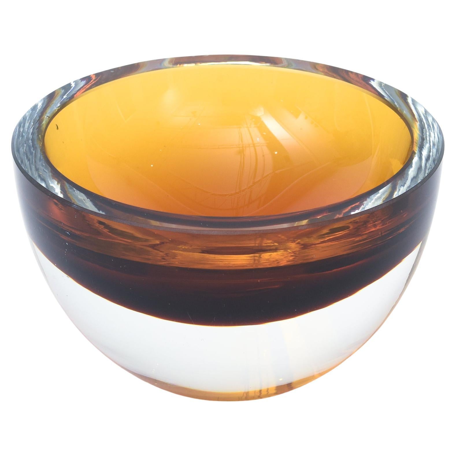 Vintage Murano Glass Signed Sommerso Thick Bowl Amber, Brown, Clear