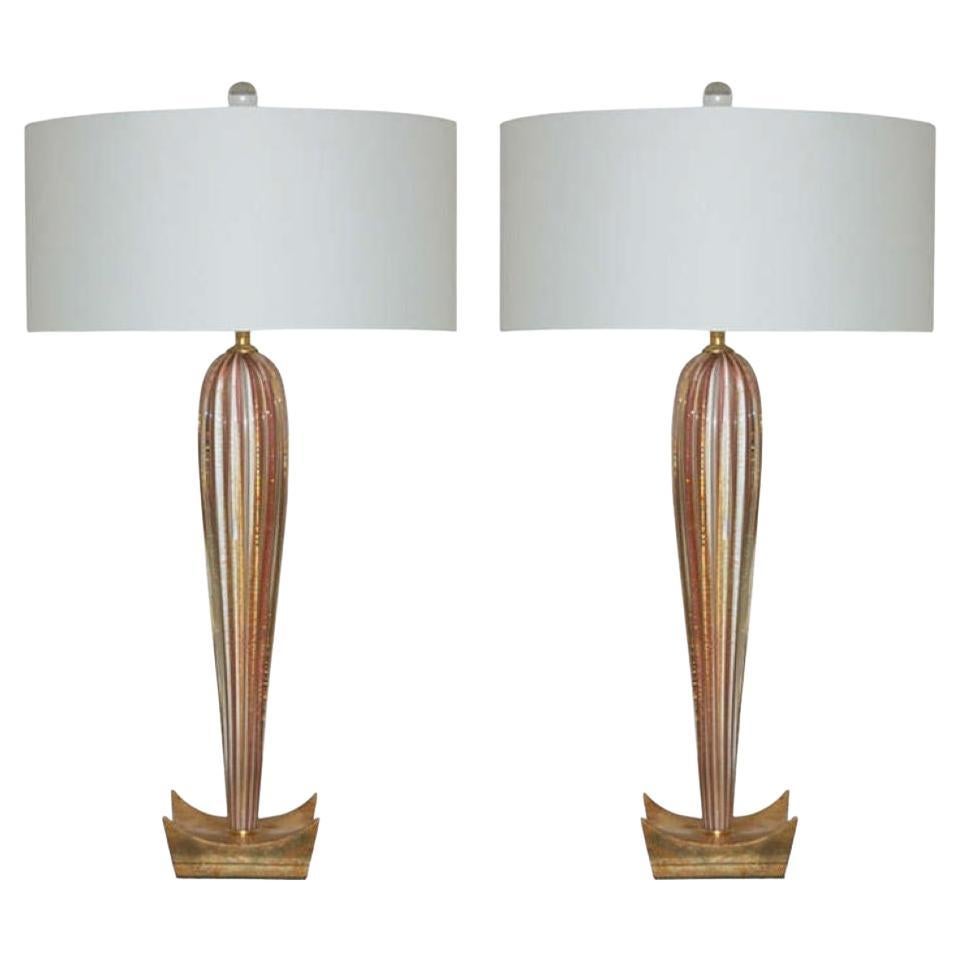 Vintage Murano Glass Striped Table Lamps Lavender Plum