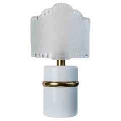 Vintage Murano Glass Table Lamp White, Gold Metal Base Italy, 1980s