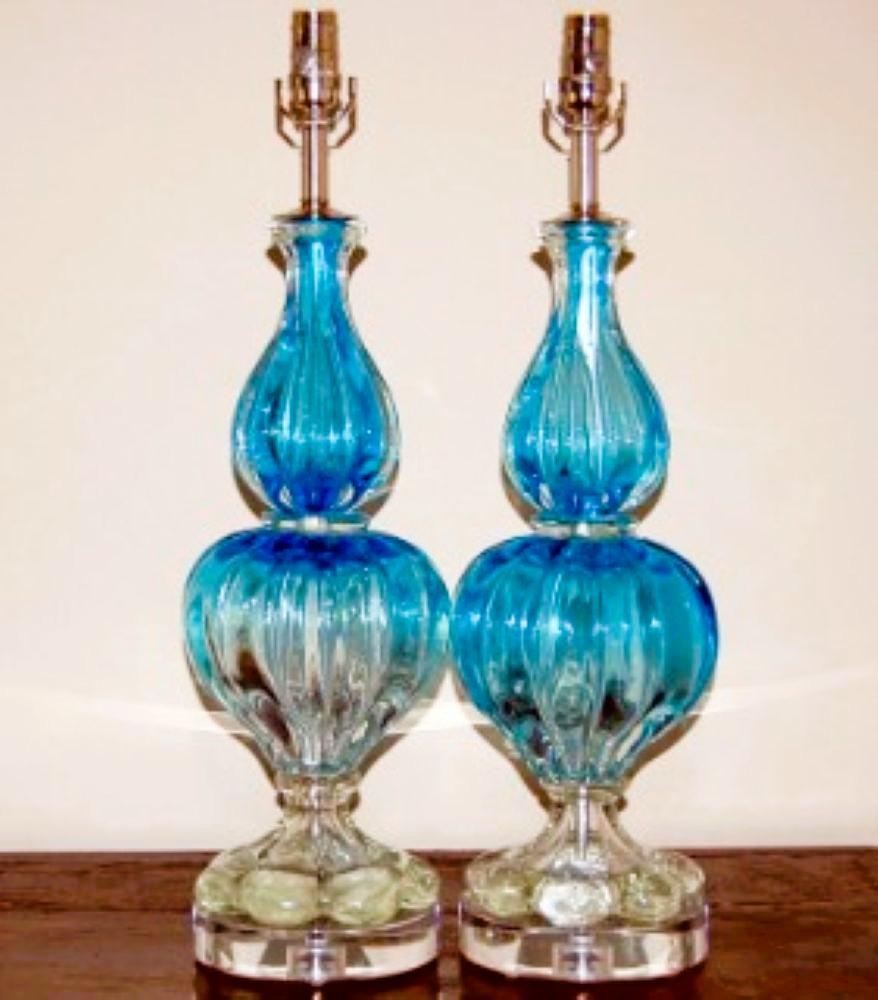 Blown Glass Vintage Murano Glass Table Lamps Blue For Sale