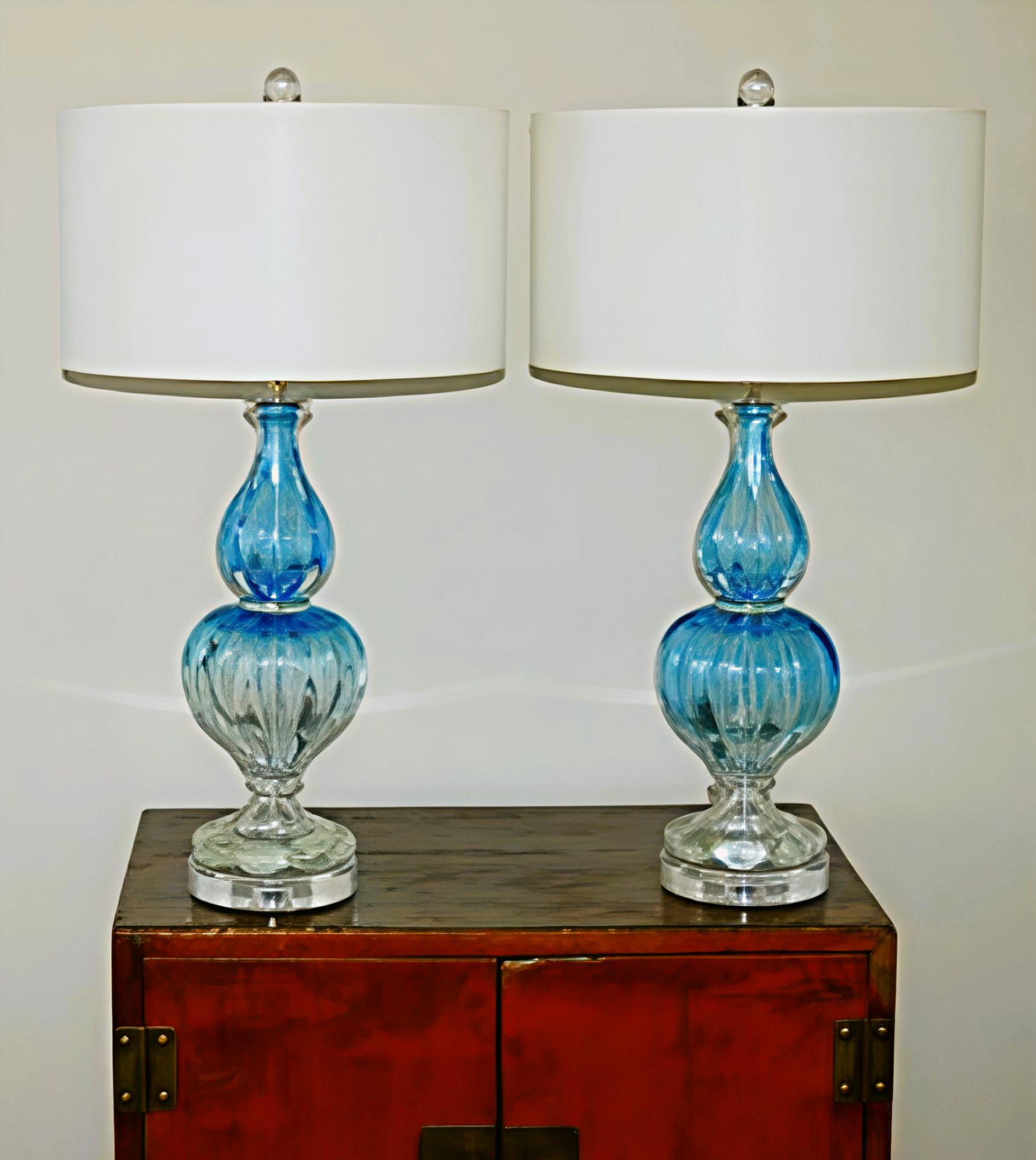Vintage Murano Glass Table Lamps Blue For Sale 2