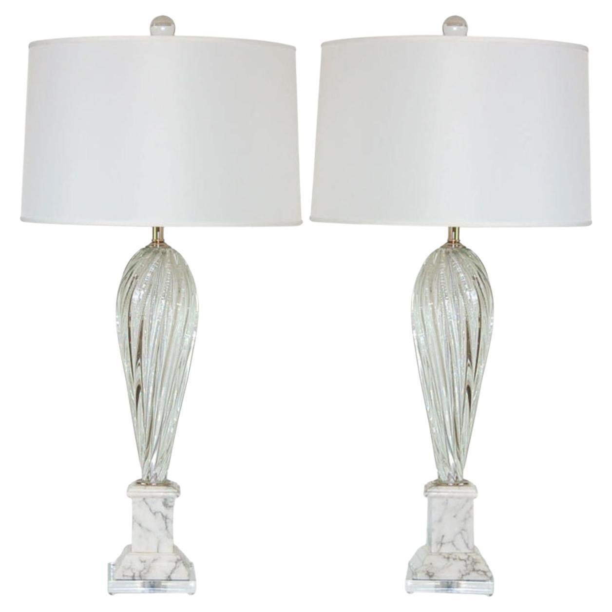 Vintage Murano Glass Table Lamps Clear Silver en vente