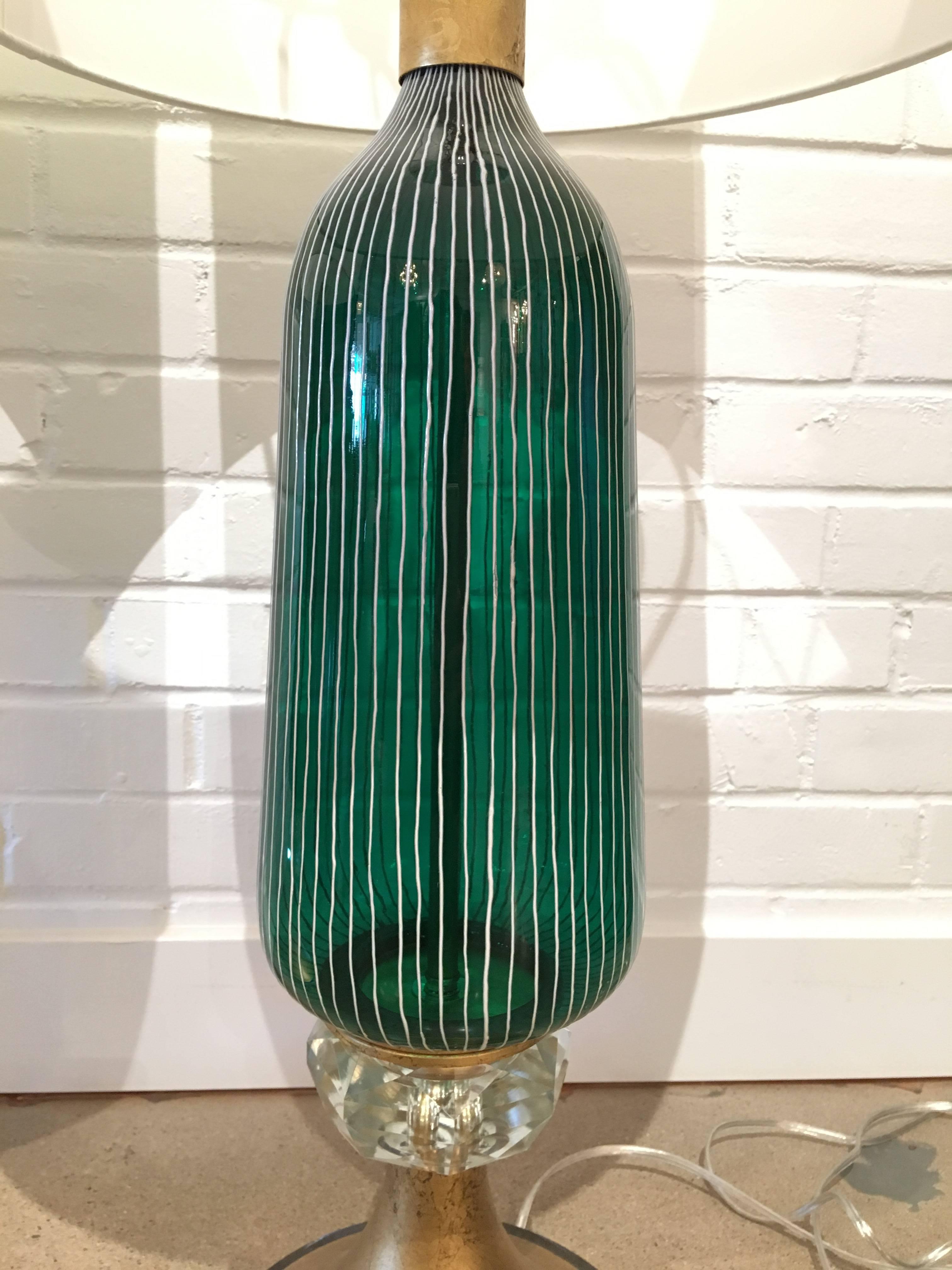 This pair of contemporary lamps made using vintage green striped with white vintage Murano glass lamp pieces are a wow! All new electrical, shades and finials.