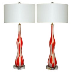 Vintage Murano Glass Table Lamps Orange White